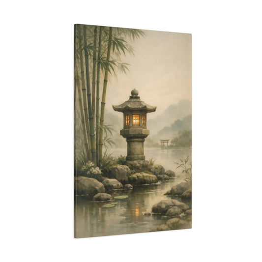 Main Mockup. Nature Stone Lantern Misty Japanese Garden shown as stretched canvas wall art