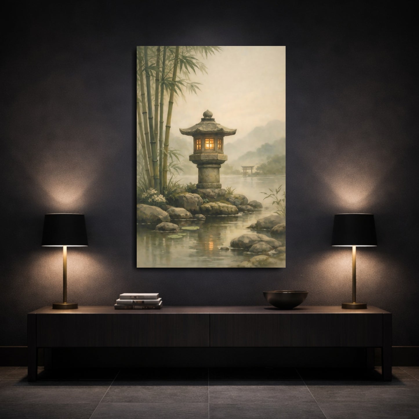Mockup 2. Nature Stone Lantern Misty Japanese Garden shown as stretched canvas wall art