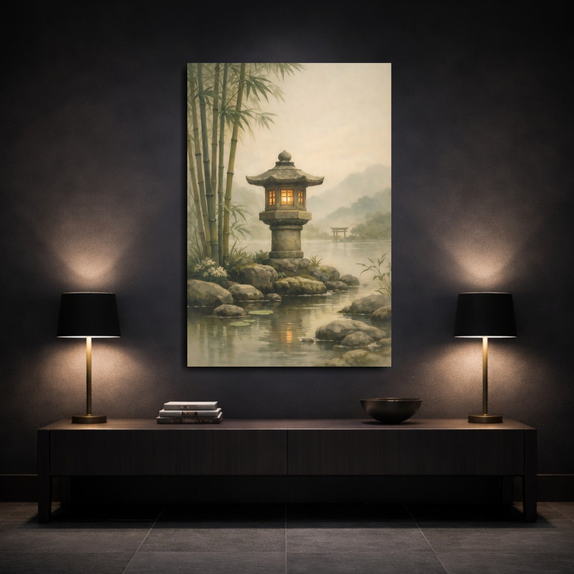 Mockup 2. Nature Stone Lantern Misty Japanese Garden shown as stretched canvas wall art