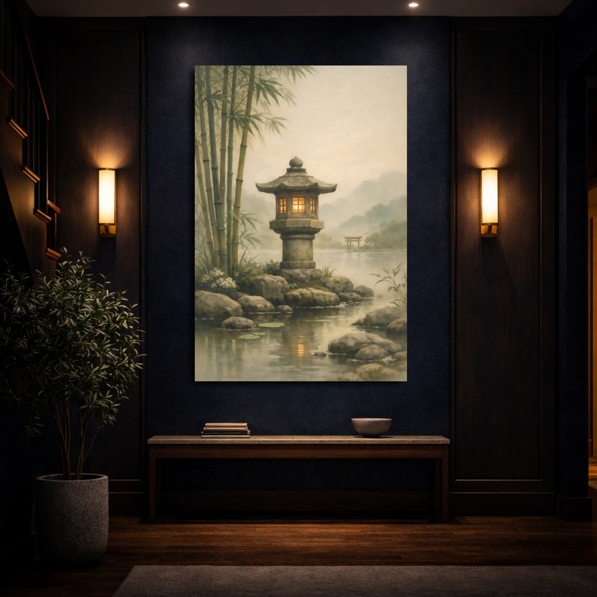 Mockup 3. Nature Stone Lantern Misty Japanese Garden shown as stretched canvas wall art