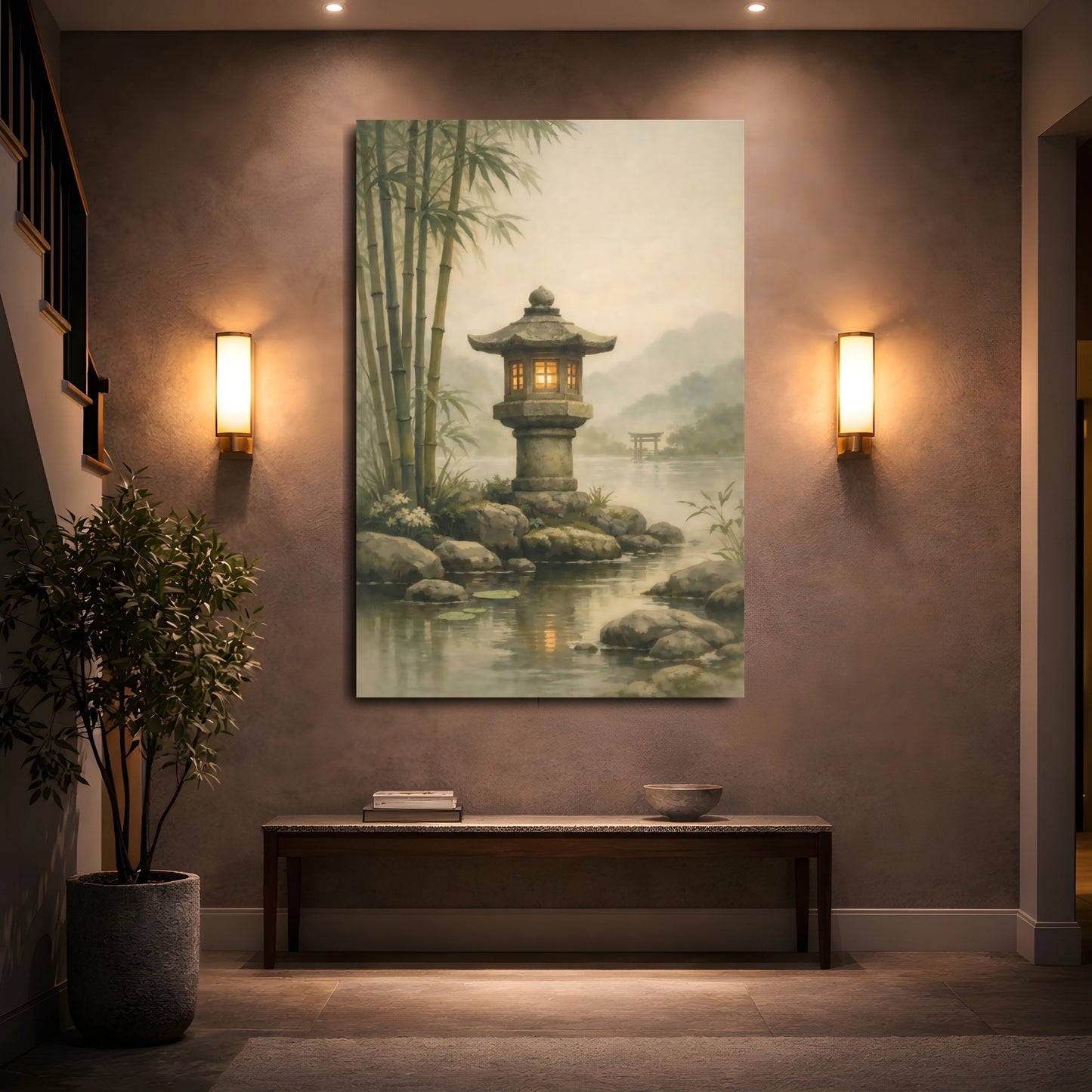 Mockup 4. Nature Stone Lantern Misty Japanese Garden shown as stretched canvas wall art