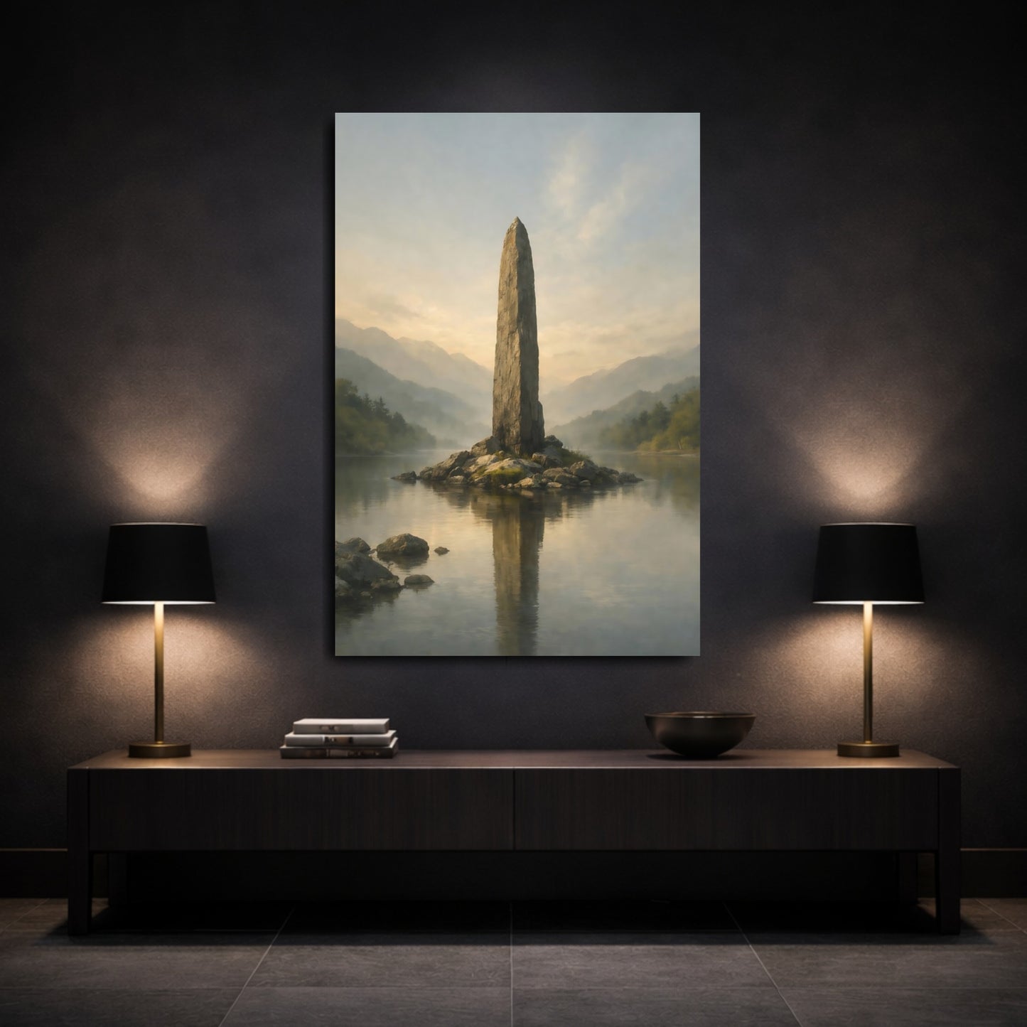 Mockup 2. Nature Stone Monolith Misty Green Grey shown as stretched canvas wall art