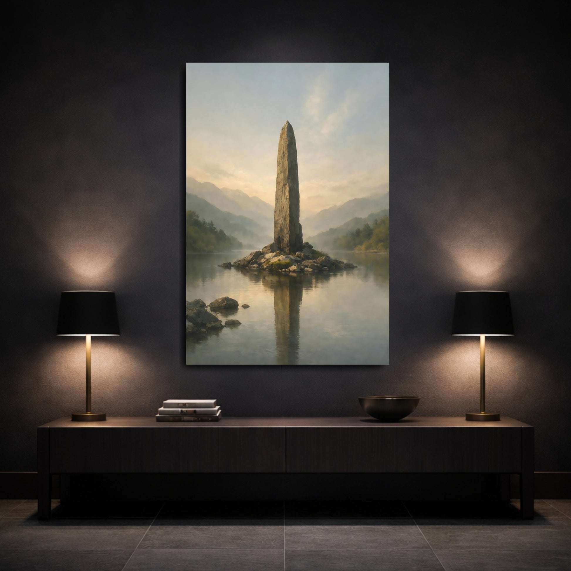 Mockup 2. Nature Stone Monolith Misty Green Grey shown as stretched canvas wall art