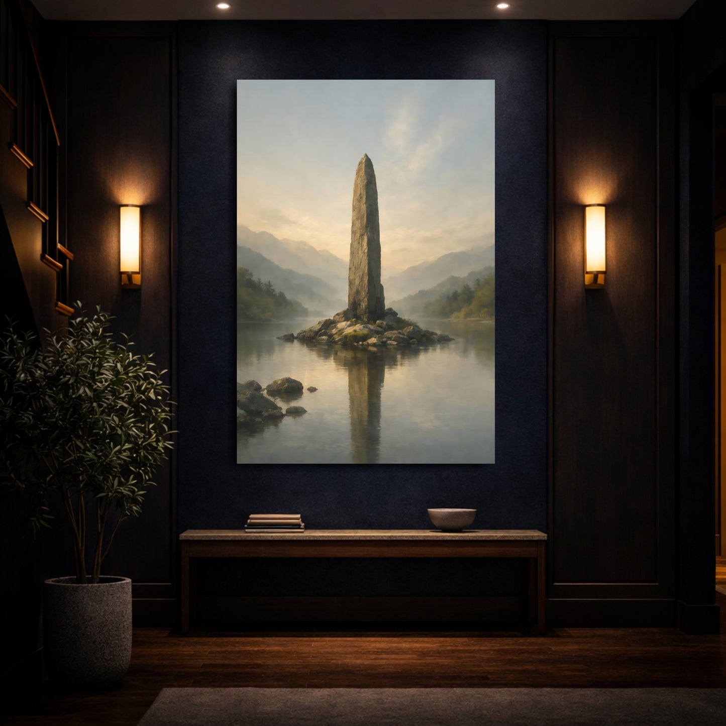 Mockup 3. Nature Stone Monolith Misty Green Grey shown as stretched canvas wall art