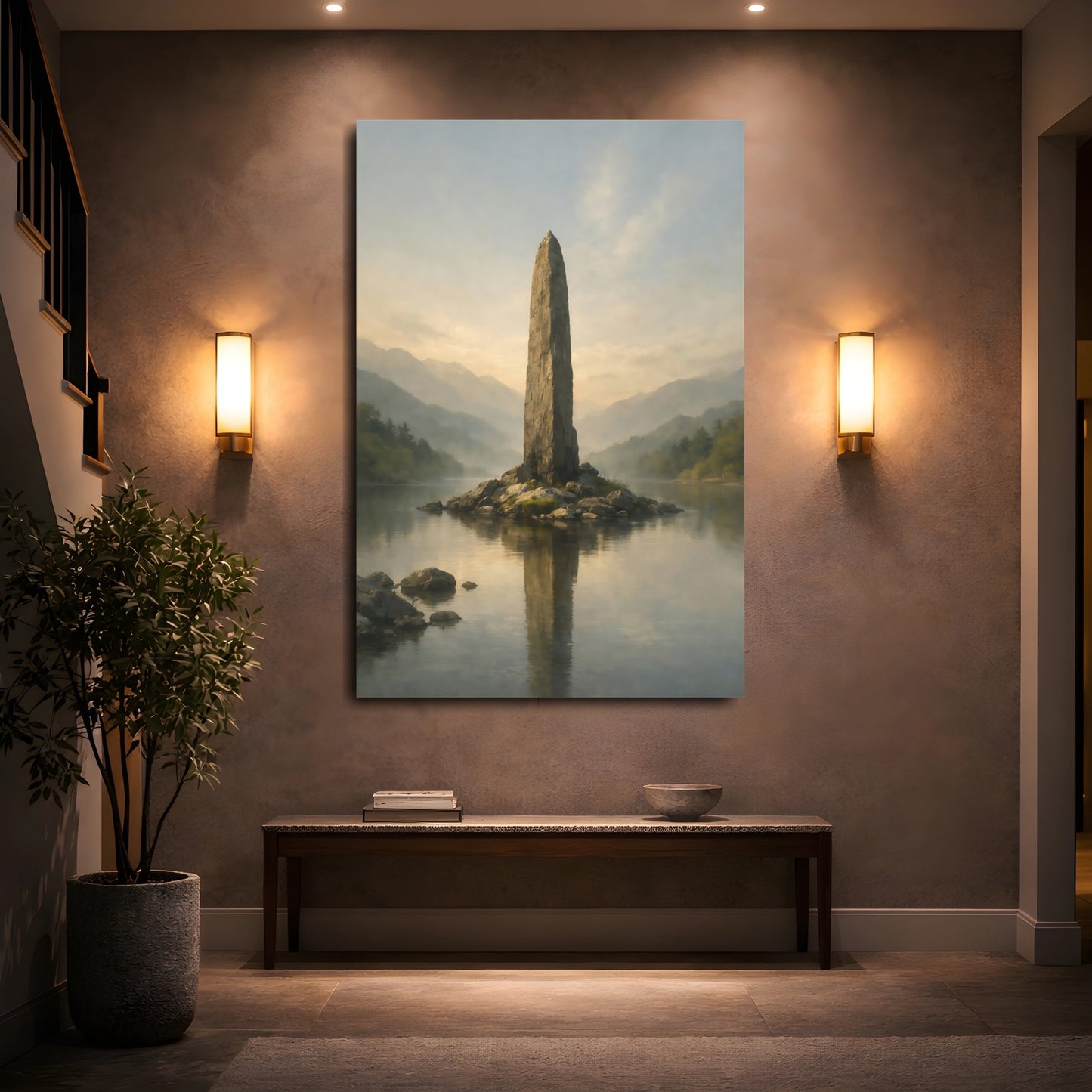 Mockup 4. Nature Stone Monolith Misty Green Grey shown as stretched canvas wall art
