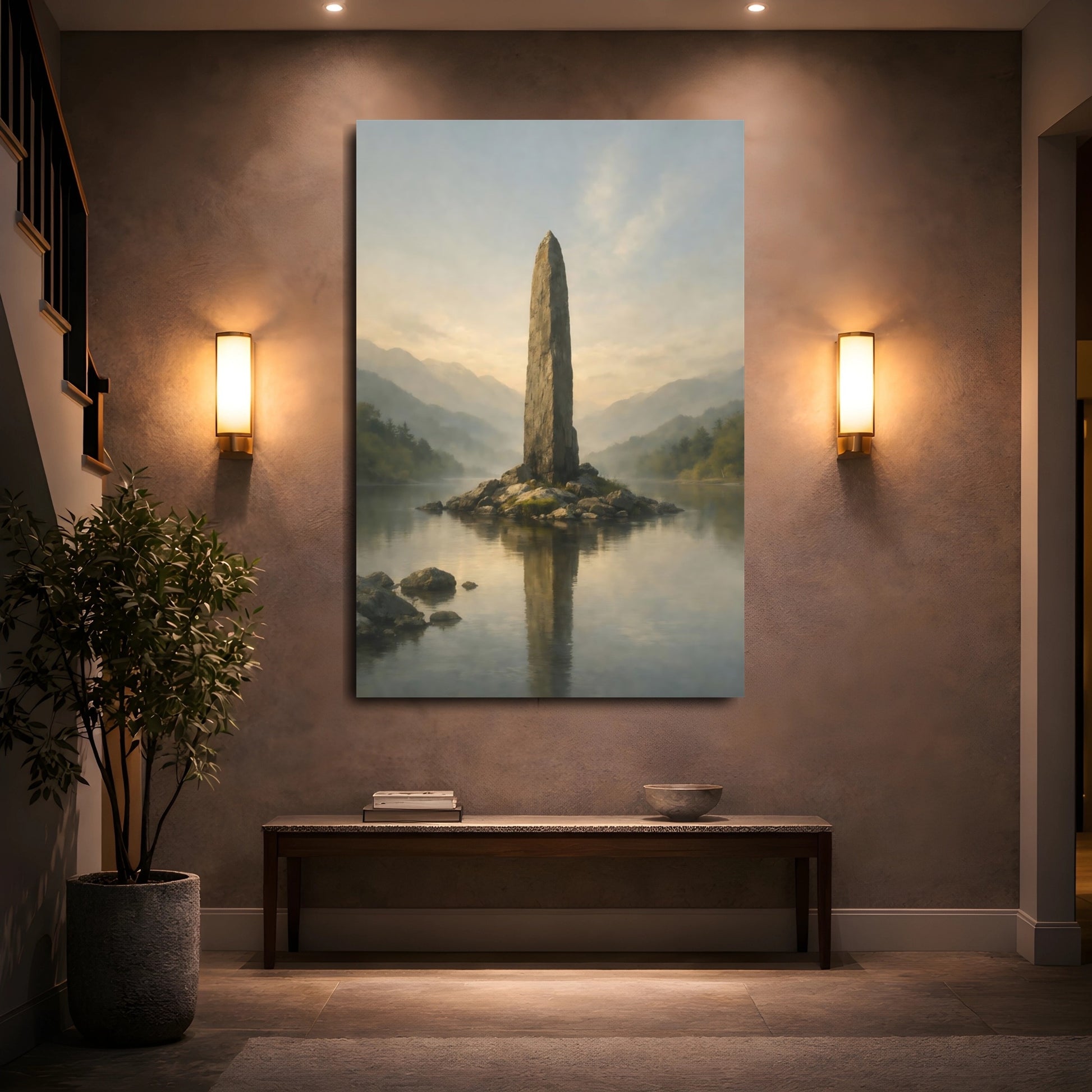 Mockup 4. Nature Stone Monolith Misty Green Grey shown as stretched canvas wall art
