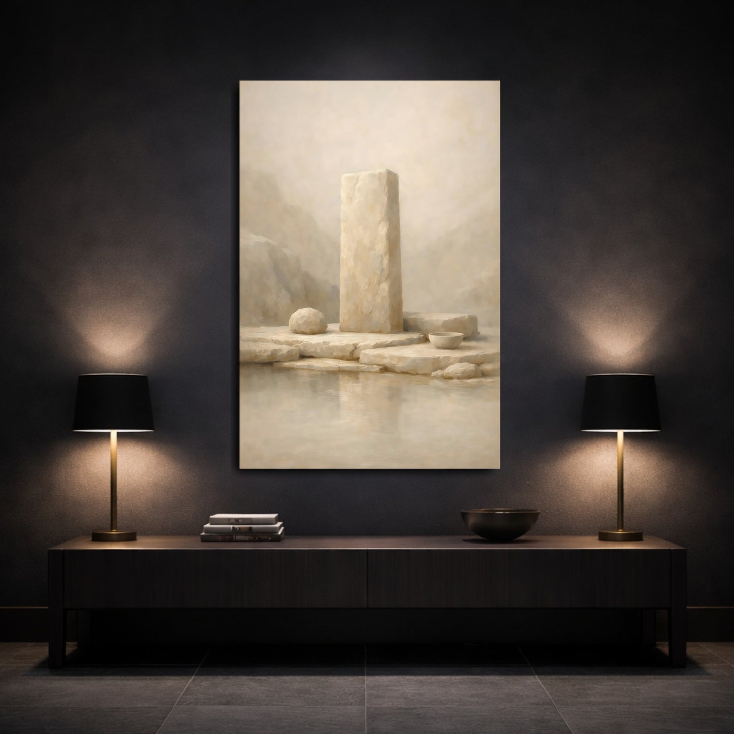 Mockup 2. Nature Stone Monument Beige Monolith shown as stretched canvas wall art