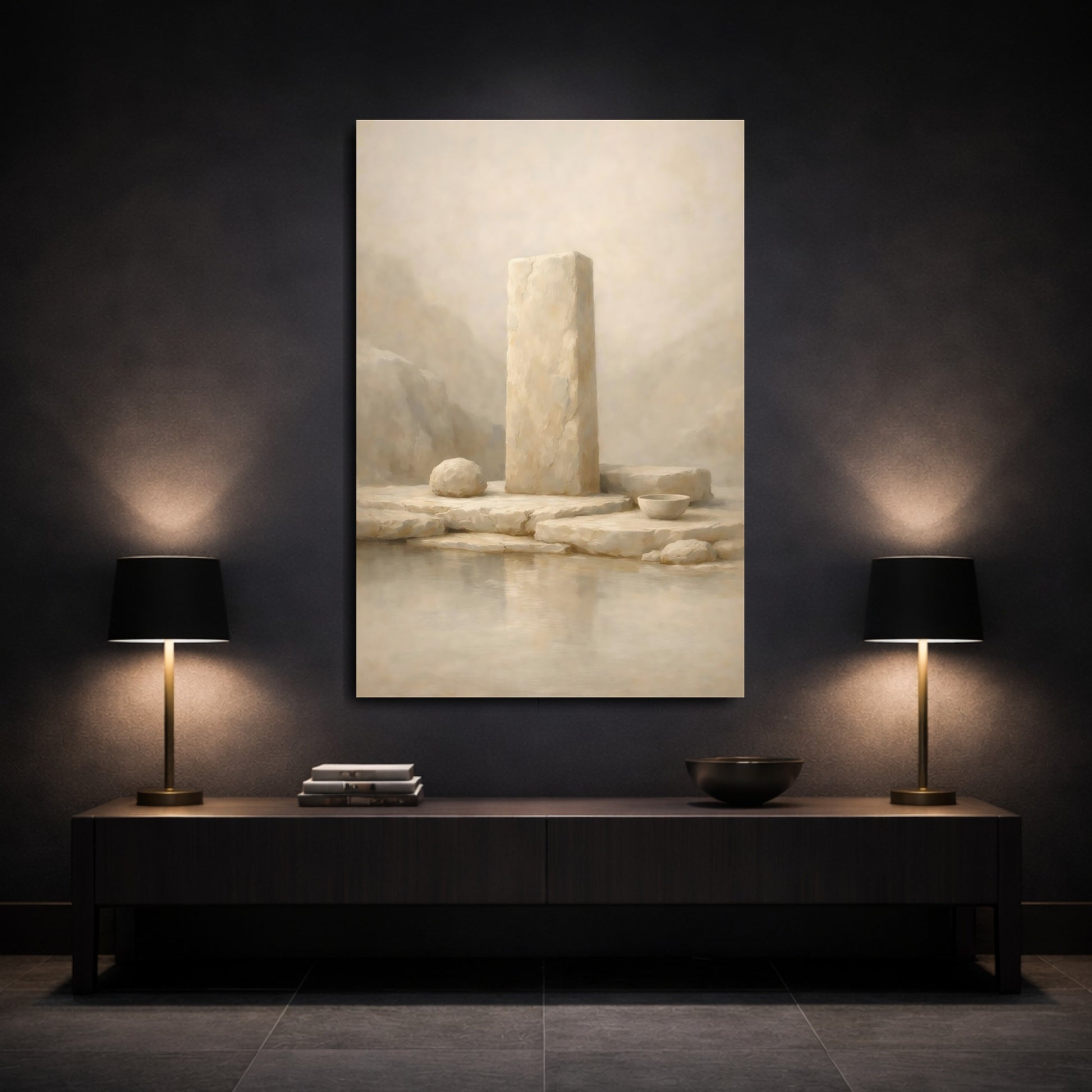 Mockup 2. Nature Stone Monument Beige Monolith shown as stretched canvas wall art