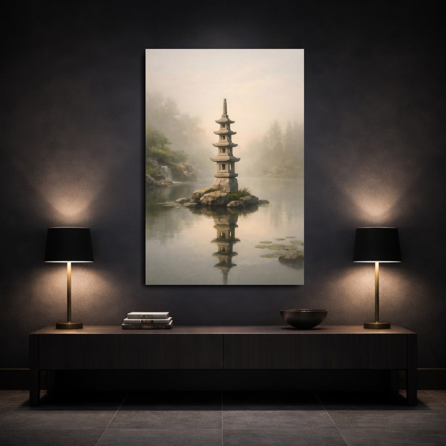 Mockup 2. Nature Stone Pagoda Misty Pagoda shown as stretched canvas wall art