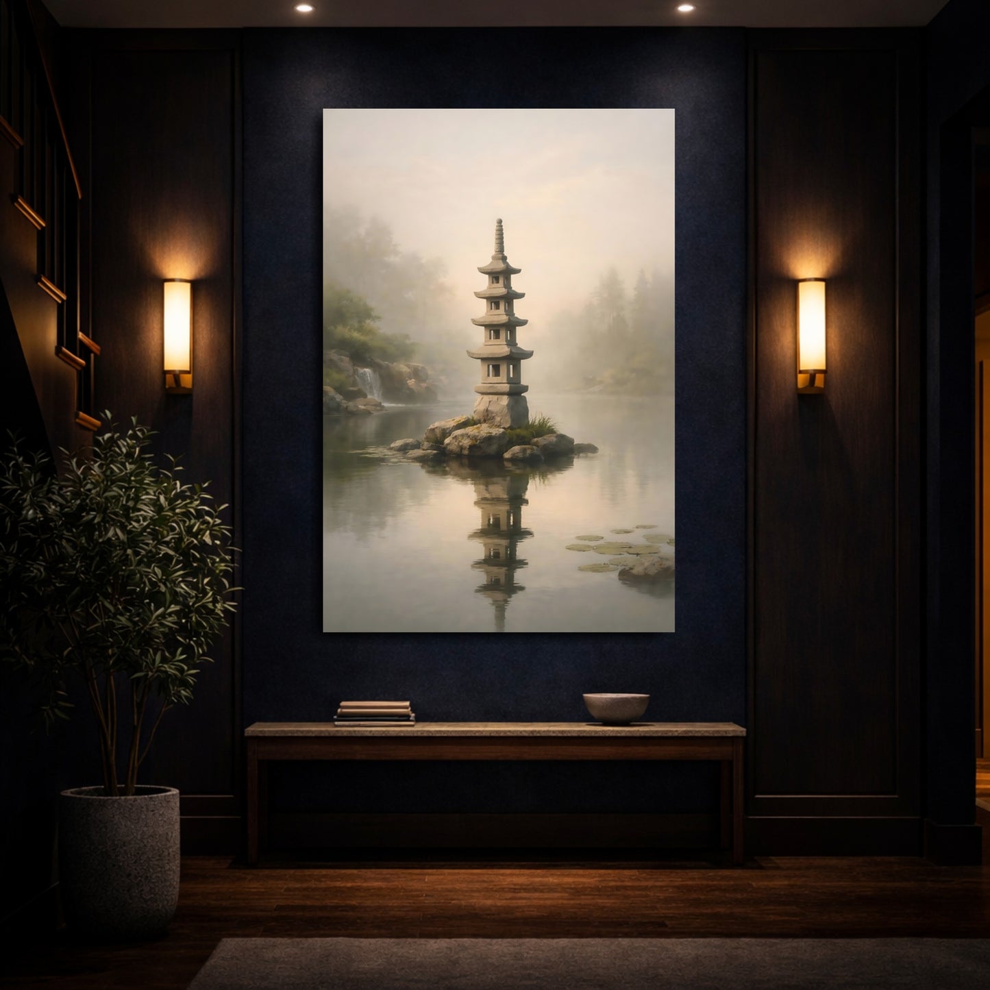 Mockup 3. Nature Stone Pagoda Misty Pagoda shown as stretched canvas wall art