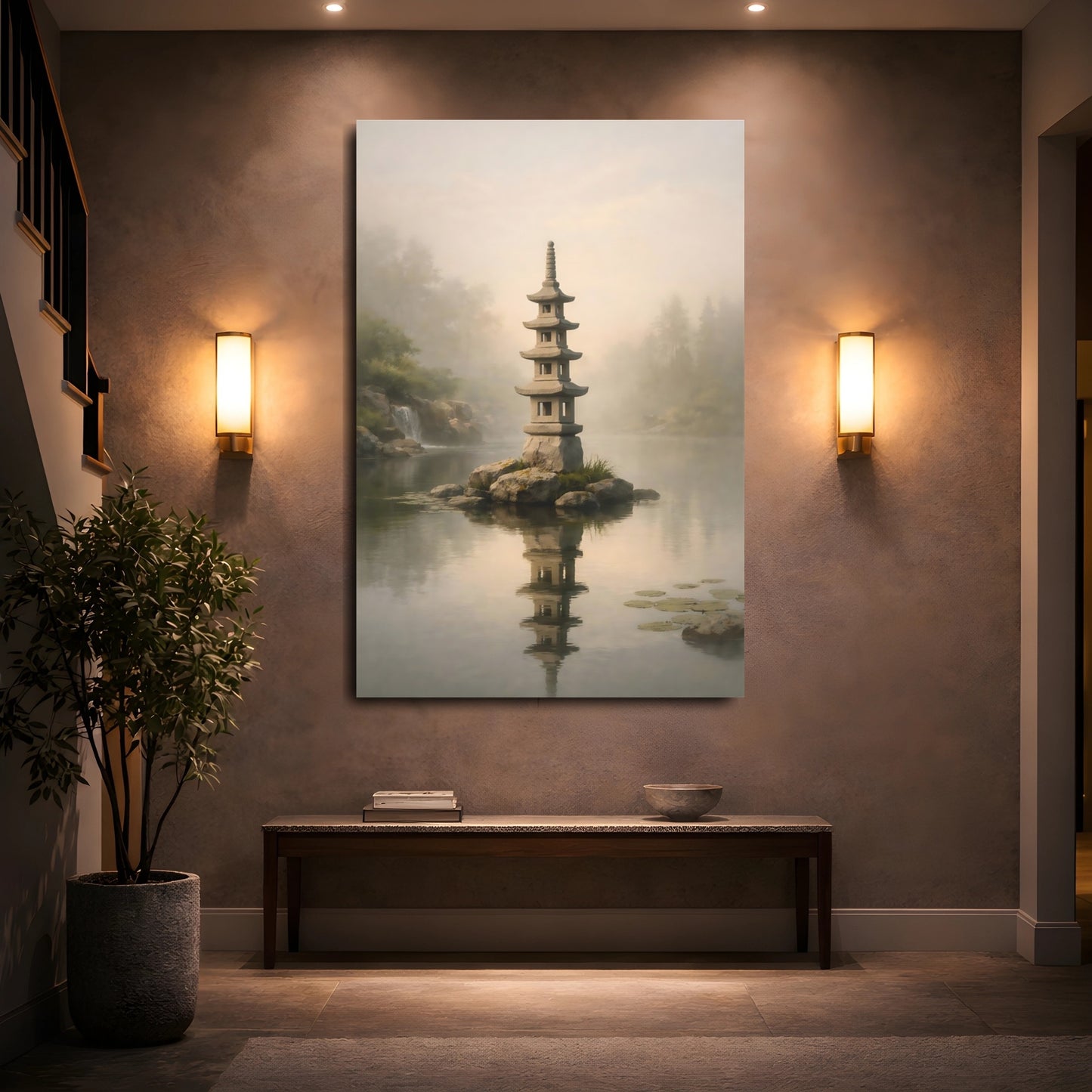 Mockup 4. Nature Stone Pagoda Misty Pagoda shown as stretched canvas wall art