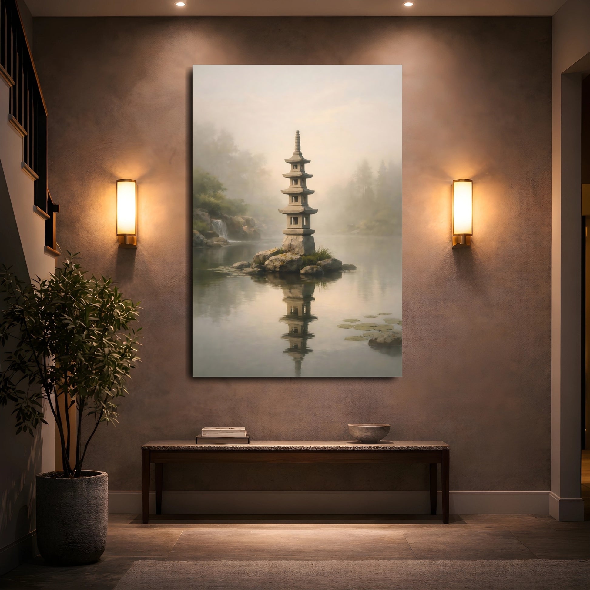 Mockup 4. Nature Stone Pagoda Misty Pagoda shown as stretched canvas wall art