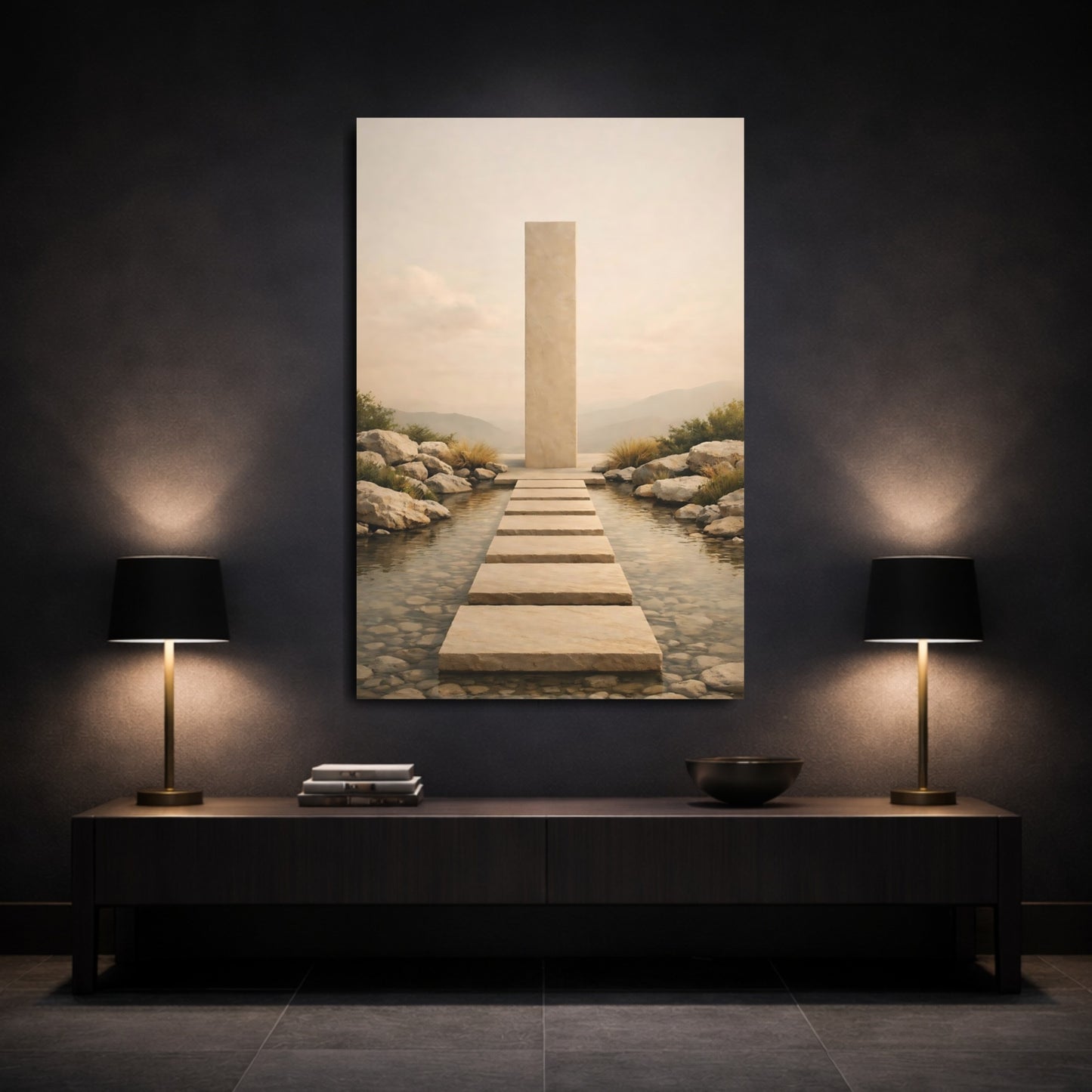 Nature Stone Path Beige Landscape shown as front canvas room wall art