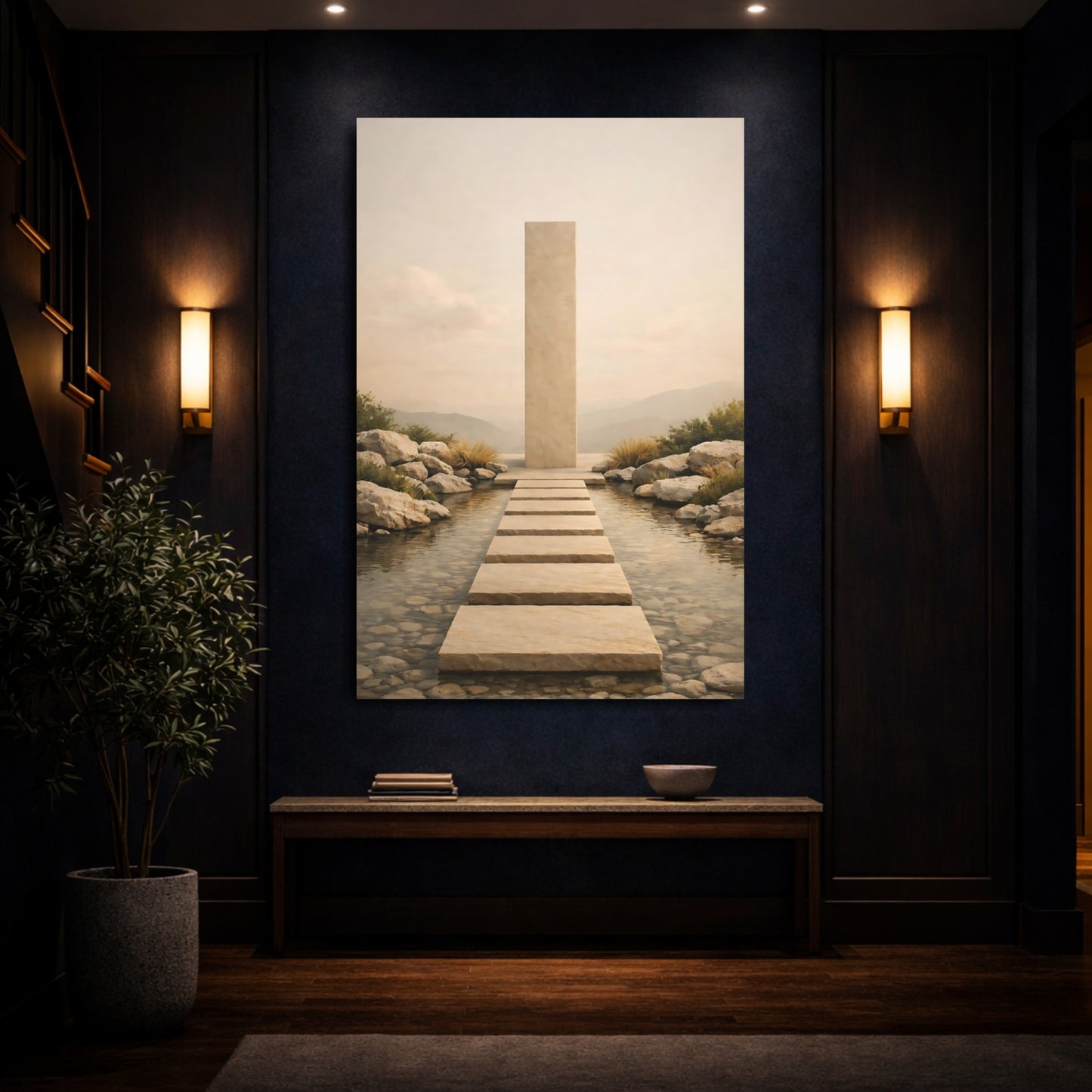 Nature Stone Path Beige Landscape shown as front canvas room wall art