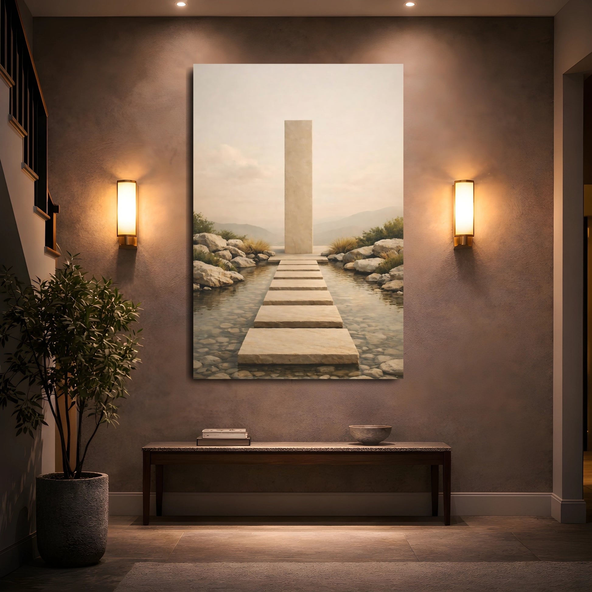 Nature Stone Path Beige Landscape shown as front canvas room wall art