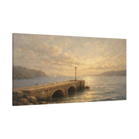 Main Mockup. Nature Stone Pier Golden Coastal shown as stretched canvas wall art