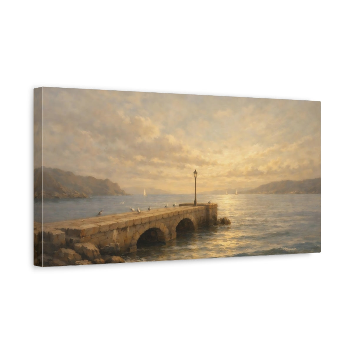 Side Mockup 3. Nature Stone Pier Golden Coastal shown as stretched canvas wall art