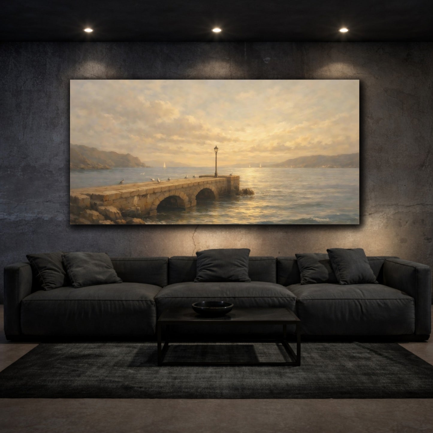 Mockup 2. Nature Stone Pier Golden Coastal shown as stretched canvas wall art
