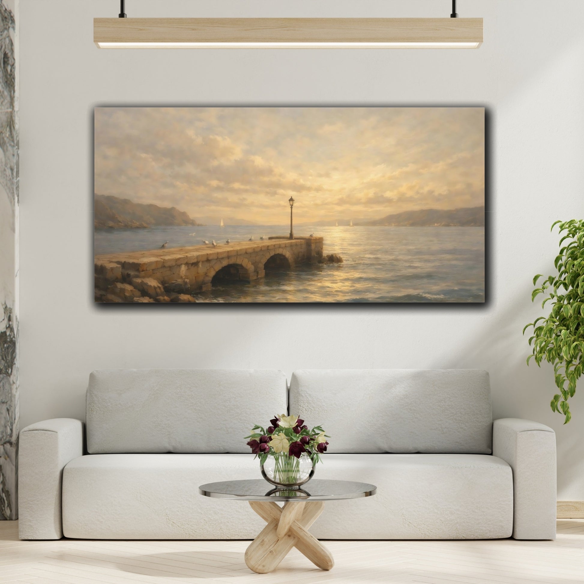 Mockup 3. Nature Stone Pier Golden Coastal shown as stretched canvas wall art