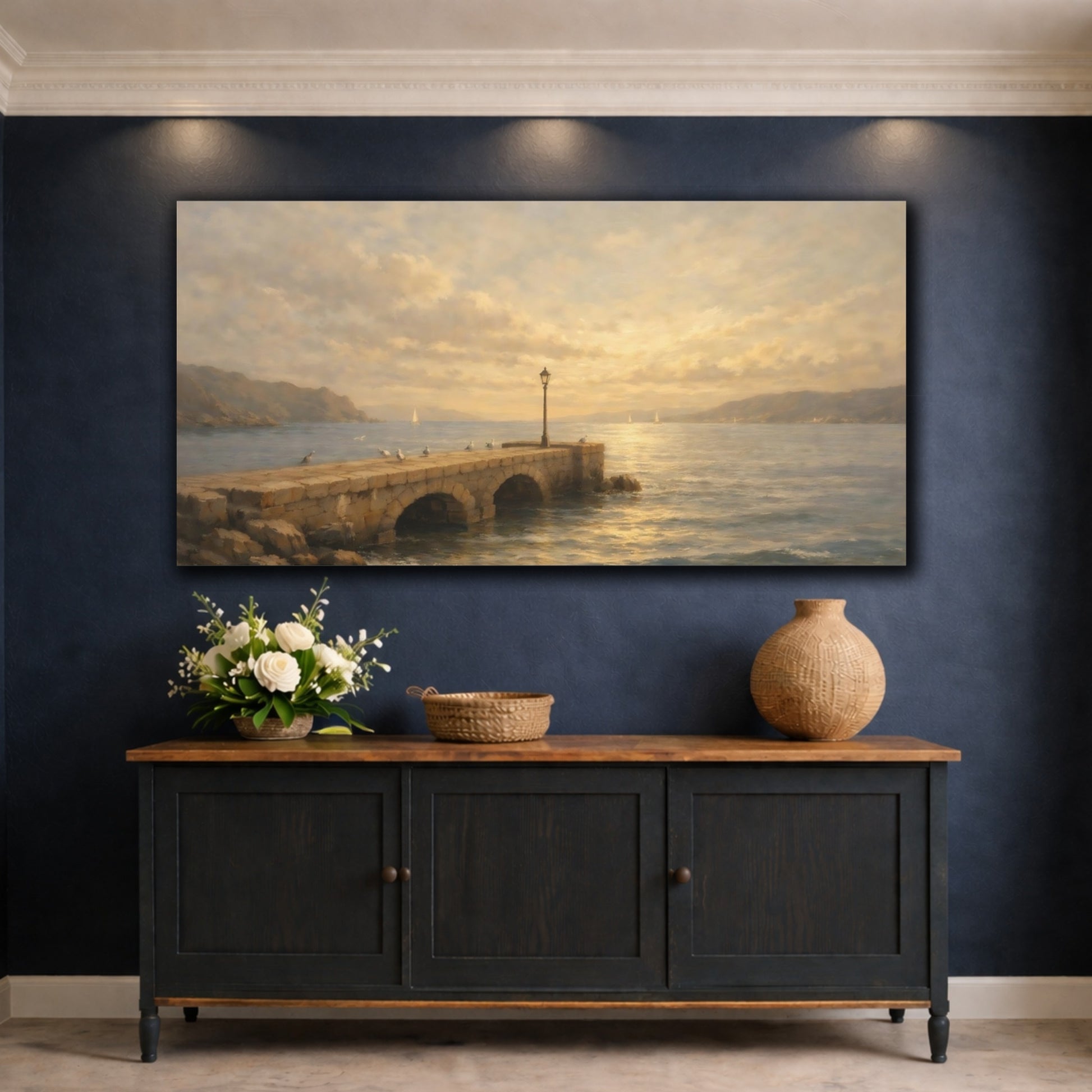 Mockup 4. Nature Stone Pier Golden Coastal shown as stretched canvas wall art