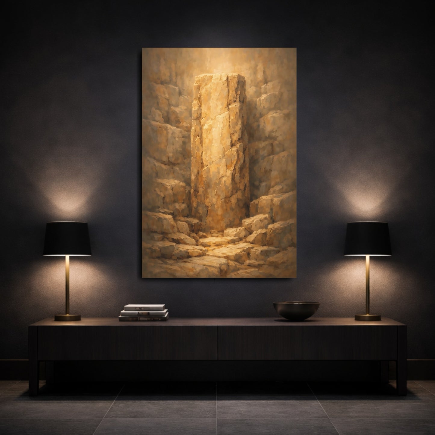 Mockup 2. Nature Stone Pillar Golden Brown Stone shown as stretched canvas wall art