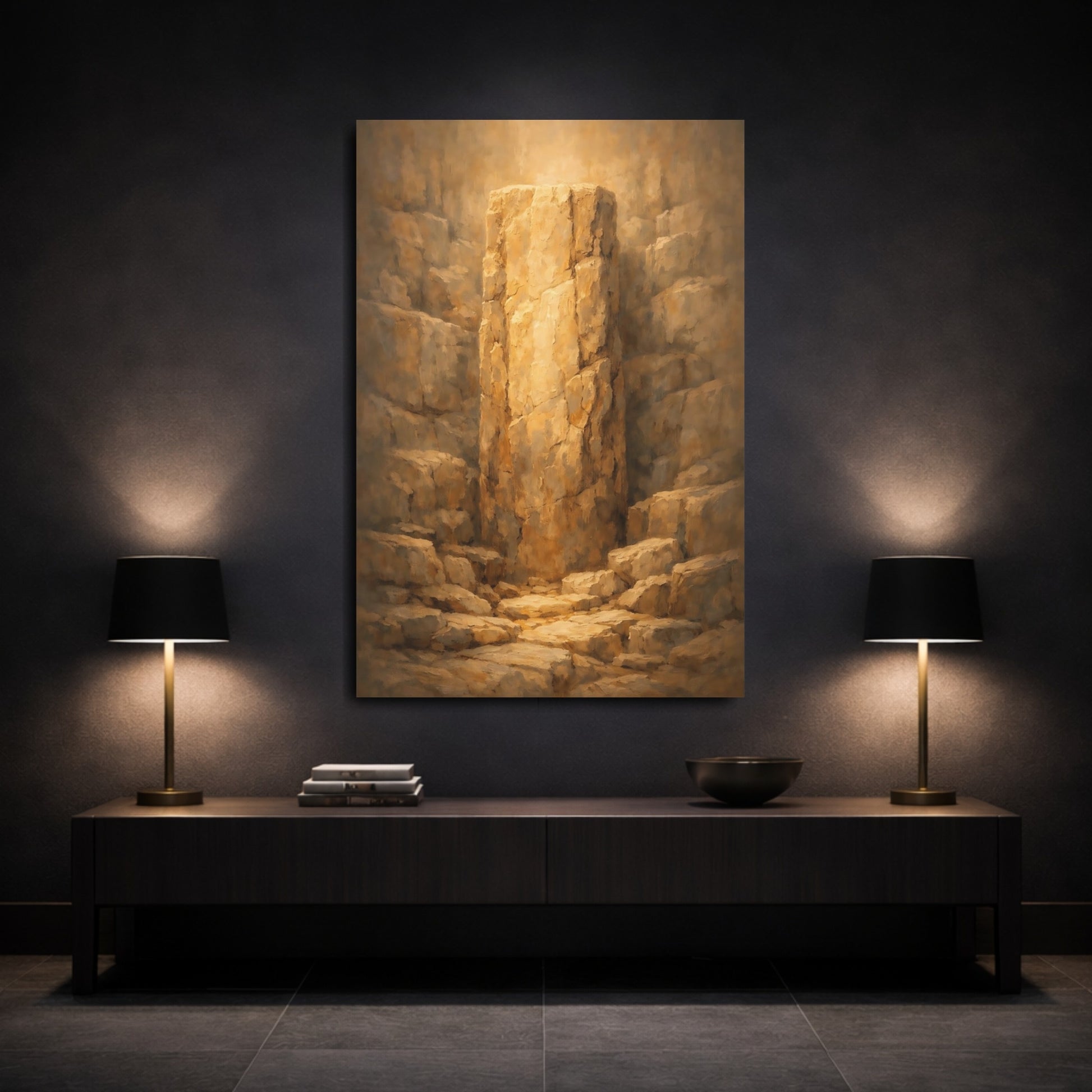 Mockup 2. Nature Stone Pillar Golden Brown Stone shown as stretched canvas wall art