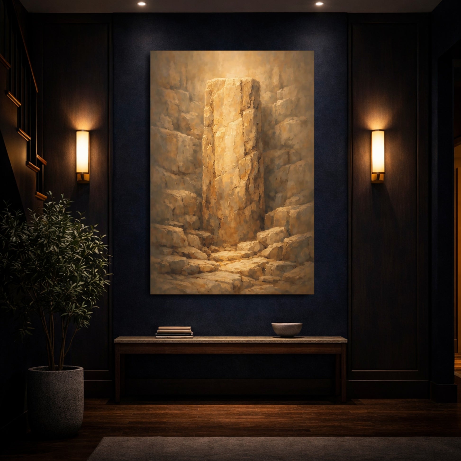 Mockup 3. Nature Stone Pillar Golden Brown Stone shown as stretched canvas wall art