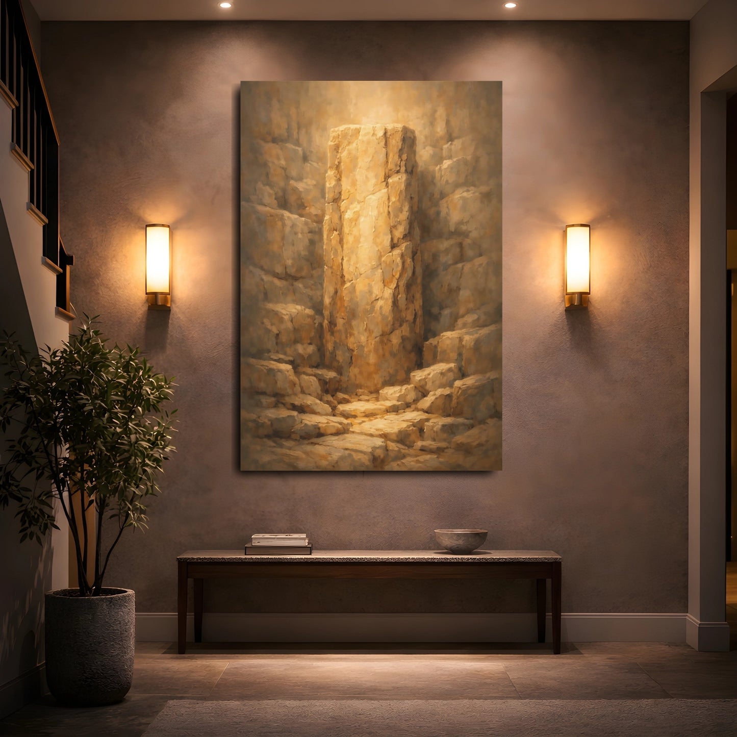 Mockup 4. Nature Stone Pillar Golden Brown Stone shown as stretched canvas wall art