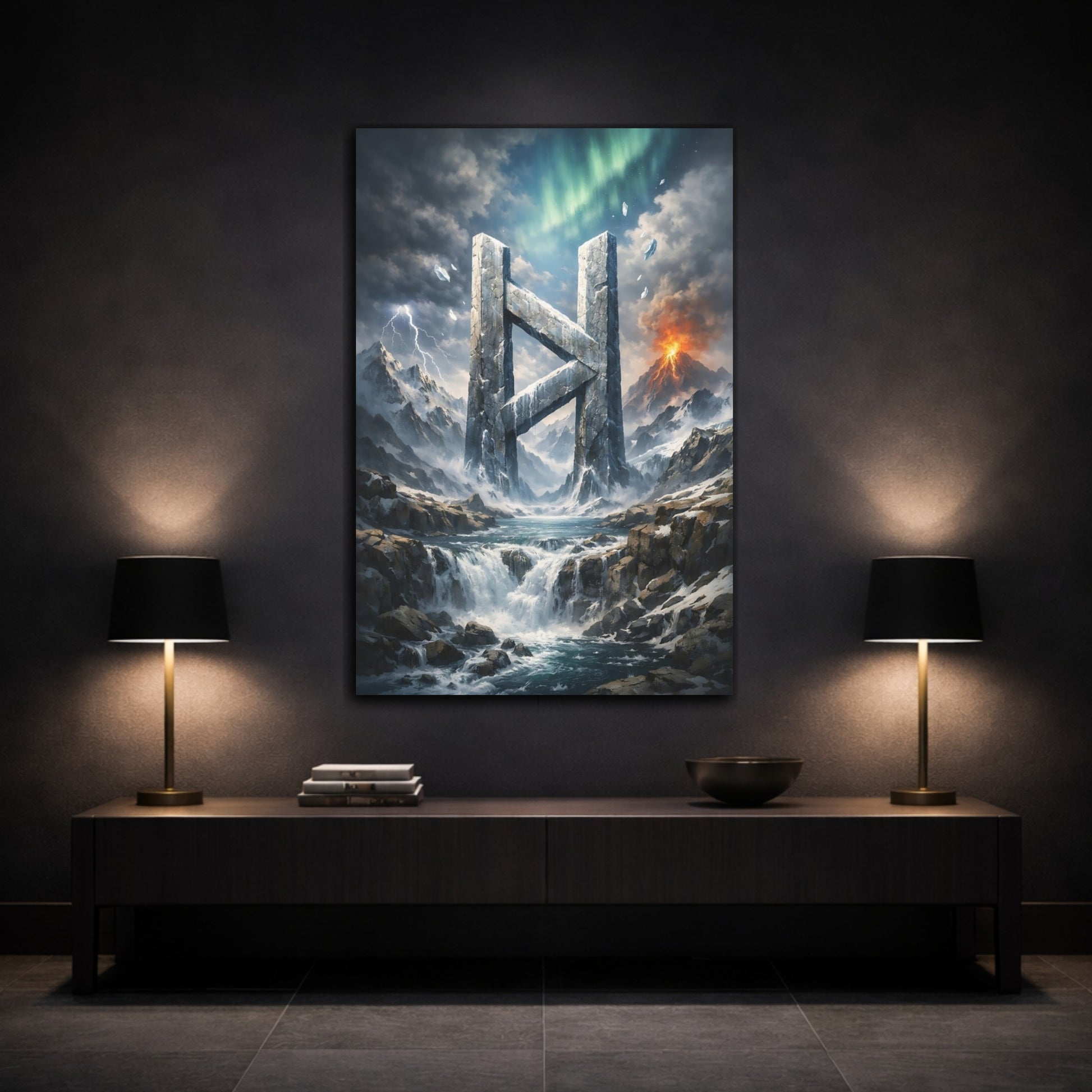 Mockup 2. Nature Stone Rune Dramatic Landscape shown as stretched canvas wall art