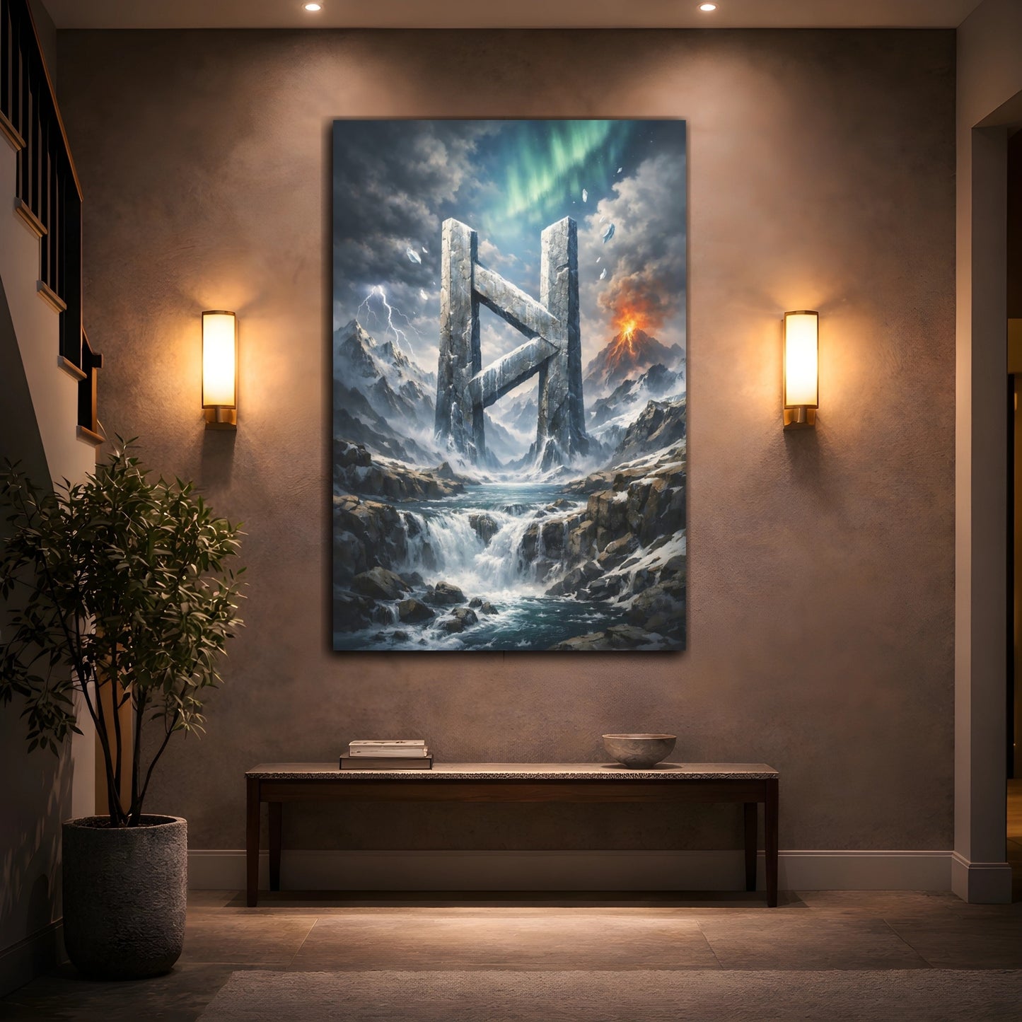Mockup 3. Nature Stone Rune Dramatic Landscape shown as stretched canvas wall art
