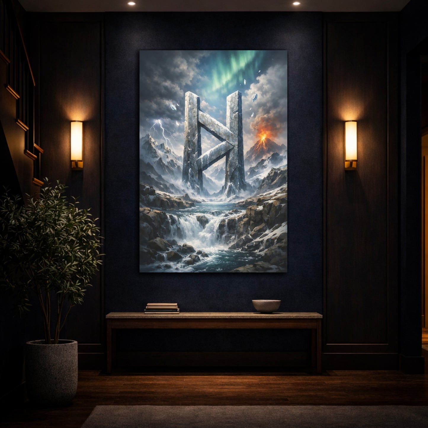 Mockup 4. Nature Stone Rune Dramatic Landscape shown as stretched canvas wall art