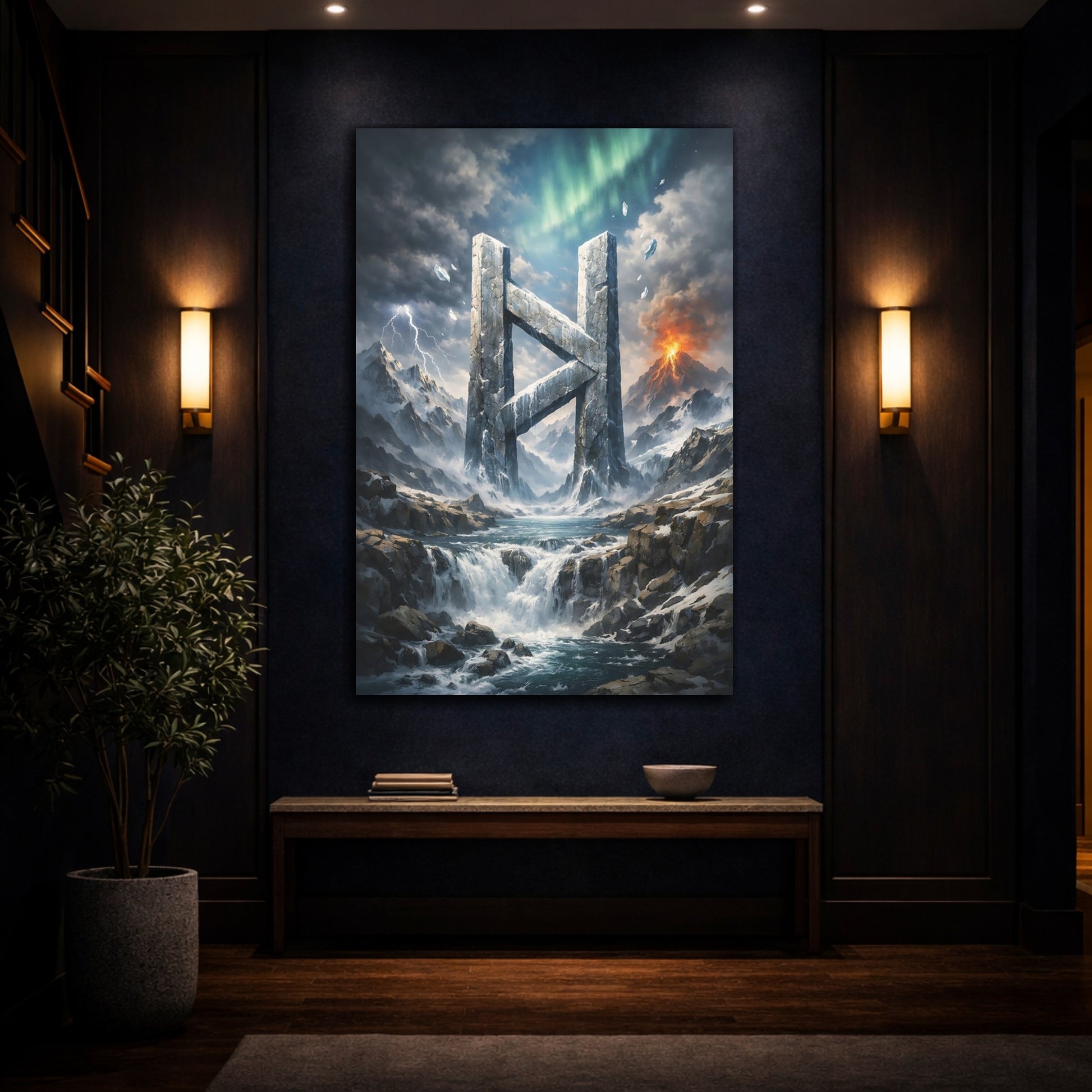 Mockup 4. Nature Stone Rune Dramatic Landscape shown as stretched canvas wall art