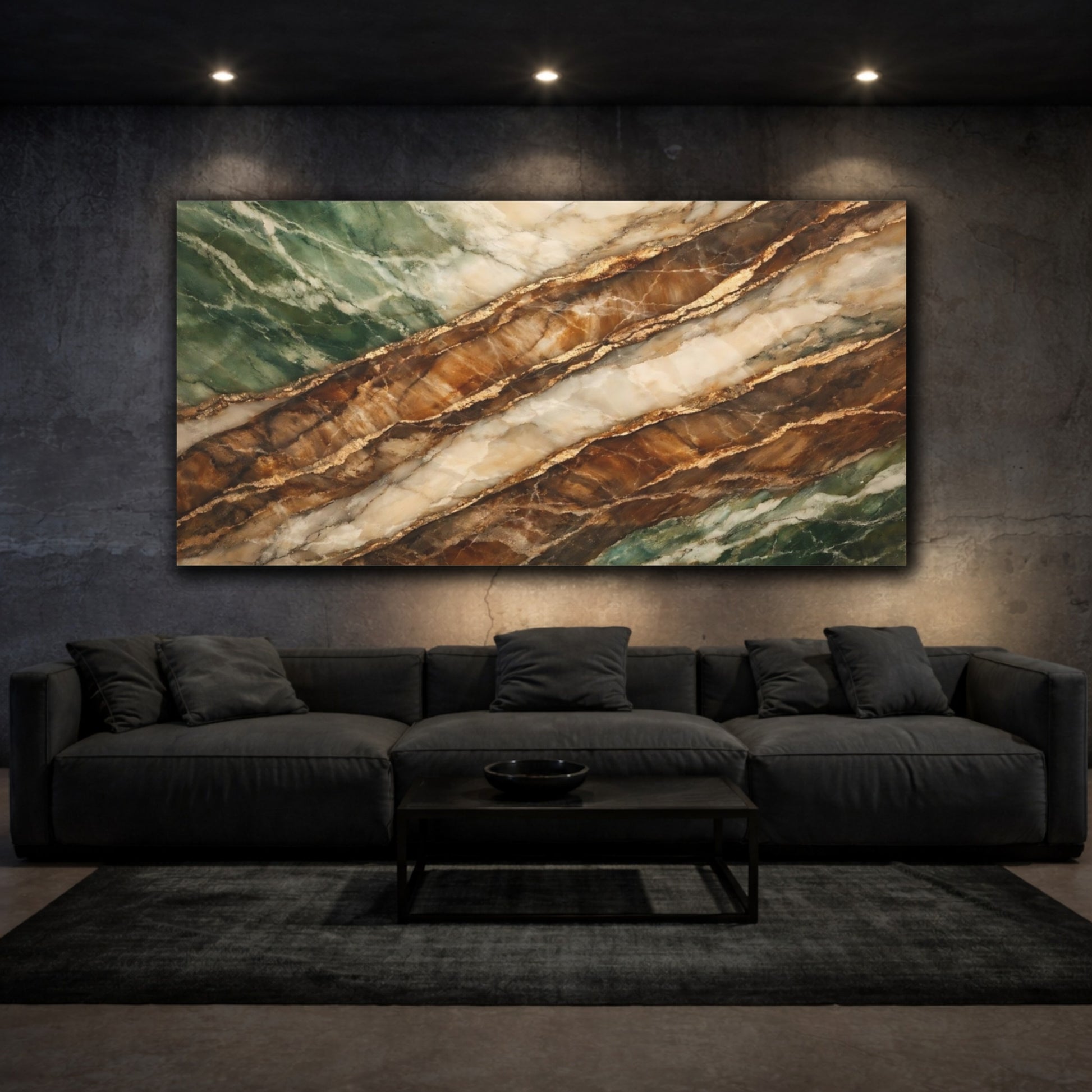 Mockup 2. Nature Stone Texture Green Brown Gold Stone shown as stretched canvas wall art