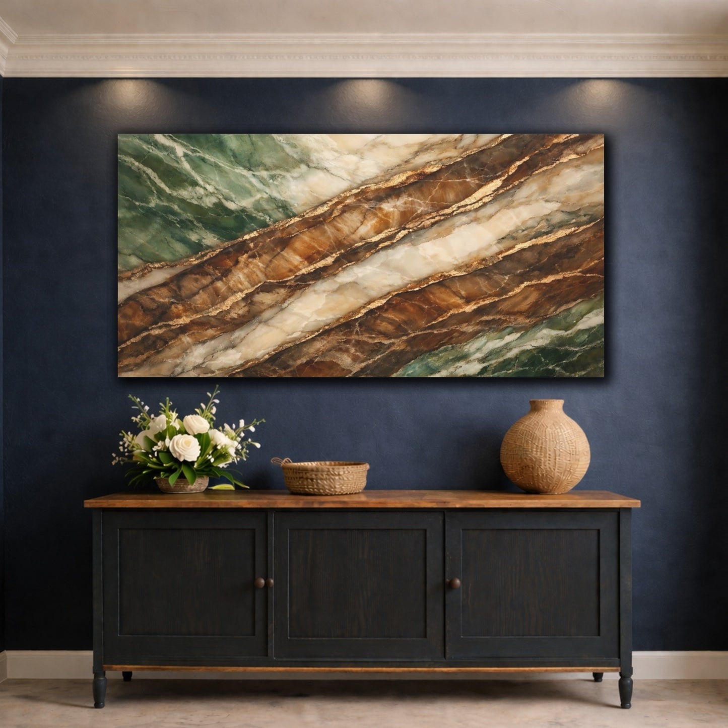Mockup 4. Nature Stone Texture Green Brown Gold Stone shown as stretched canvas wall art
