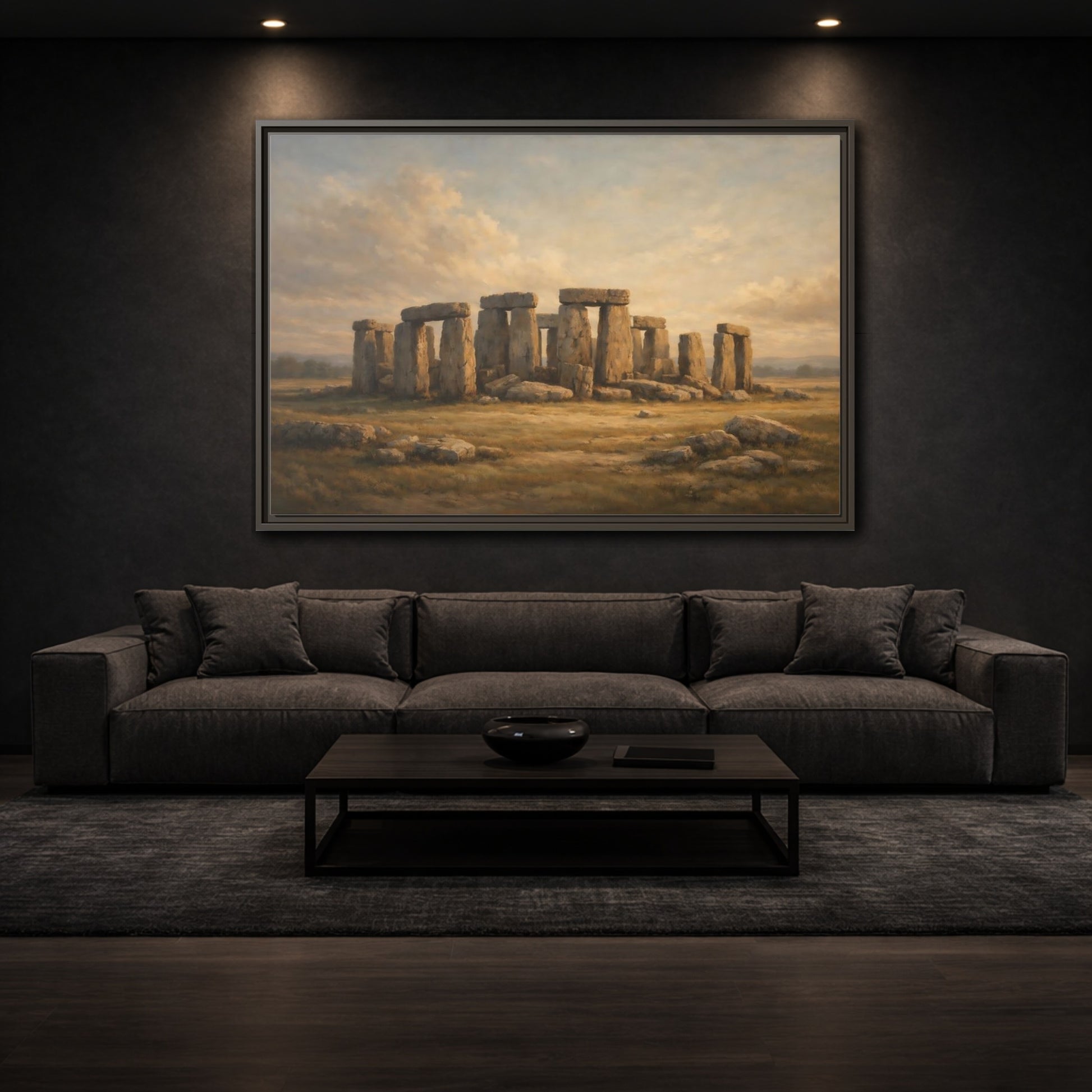 Mockup 2. Nature Stonehenge Brown And Gold Landscape shown as stretched canvas wall art