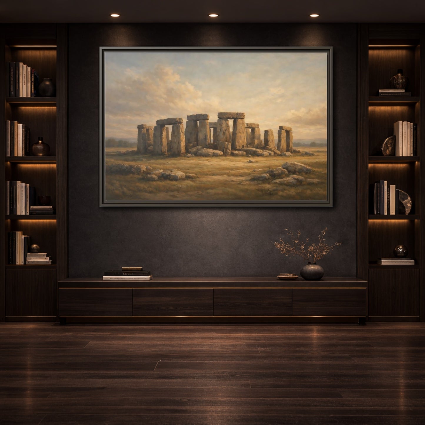 Mockup 3. Nature Stonehenge Brown And Gold Landscape shown as stretched canvas wall art