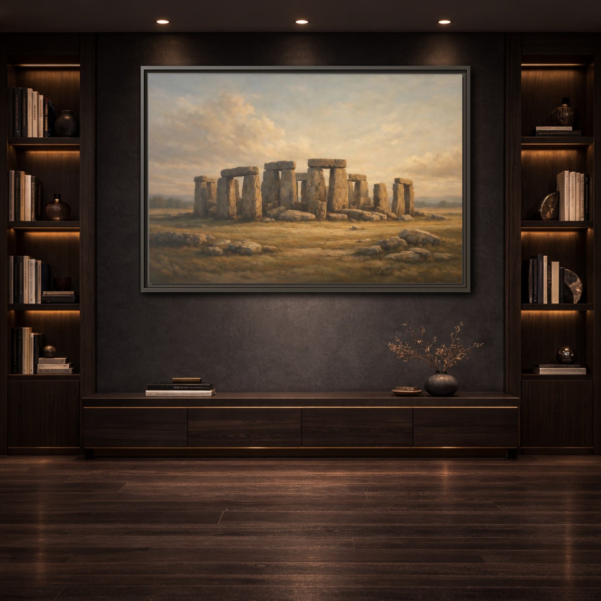 Mockup 3. Nature Stonehenge Brown And Gold Landscape shown as stretched canvas wall art