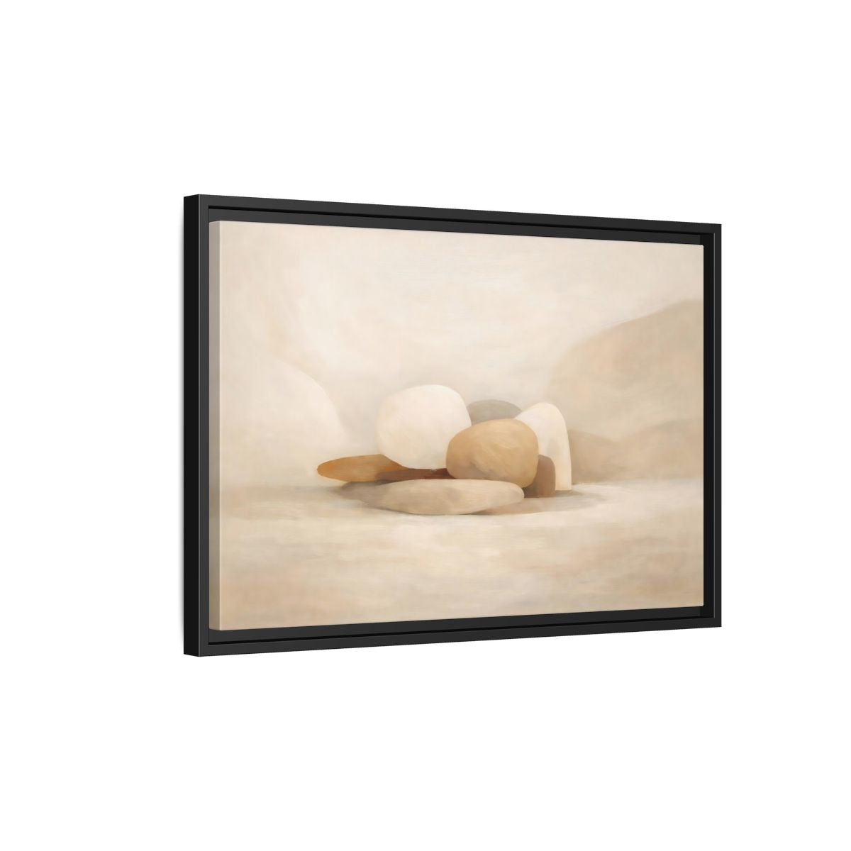 Side Mockup 3. Nature Stones Beige And White shown as stretched canvas wall art