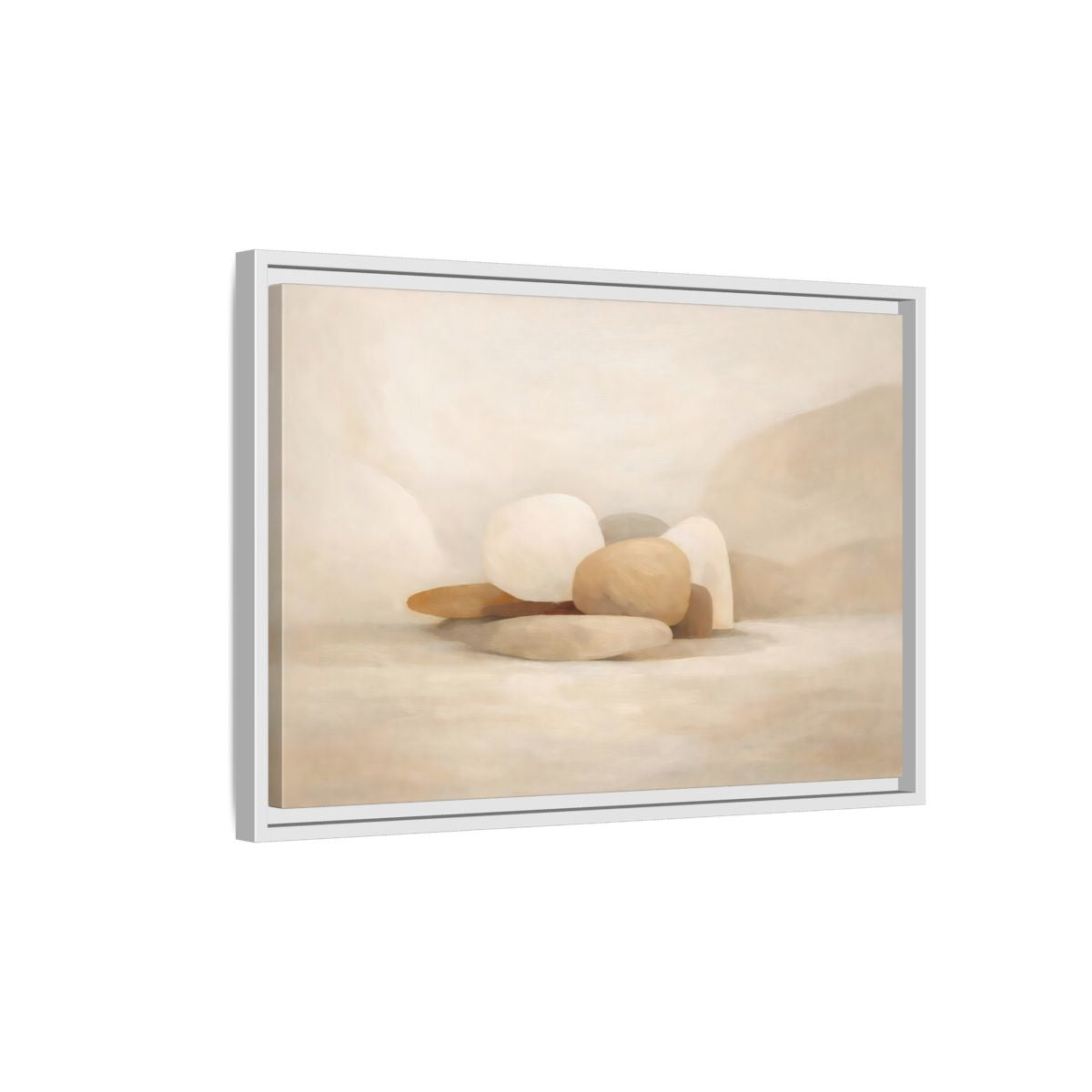 Side Mockup 1. Nature Stones Beige And White shown as stretched canvas wall art