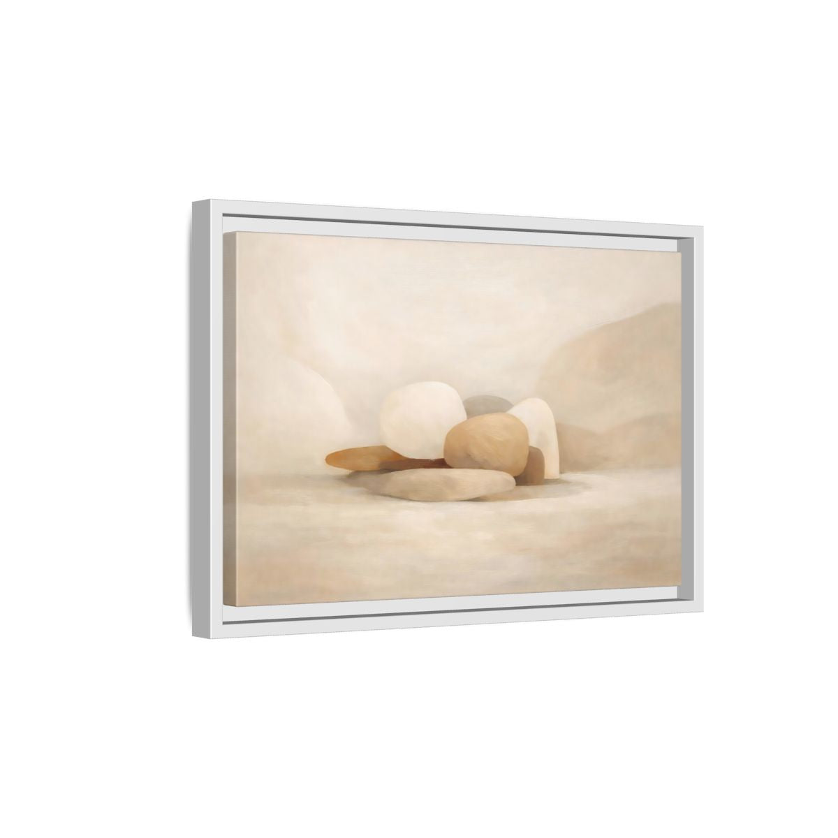 Side Mockup 4. Nature Stones Beige And White shown as stretched canvas wall art