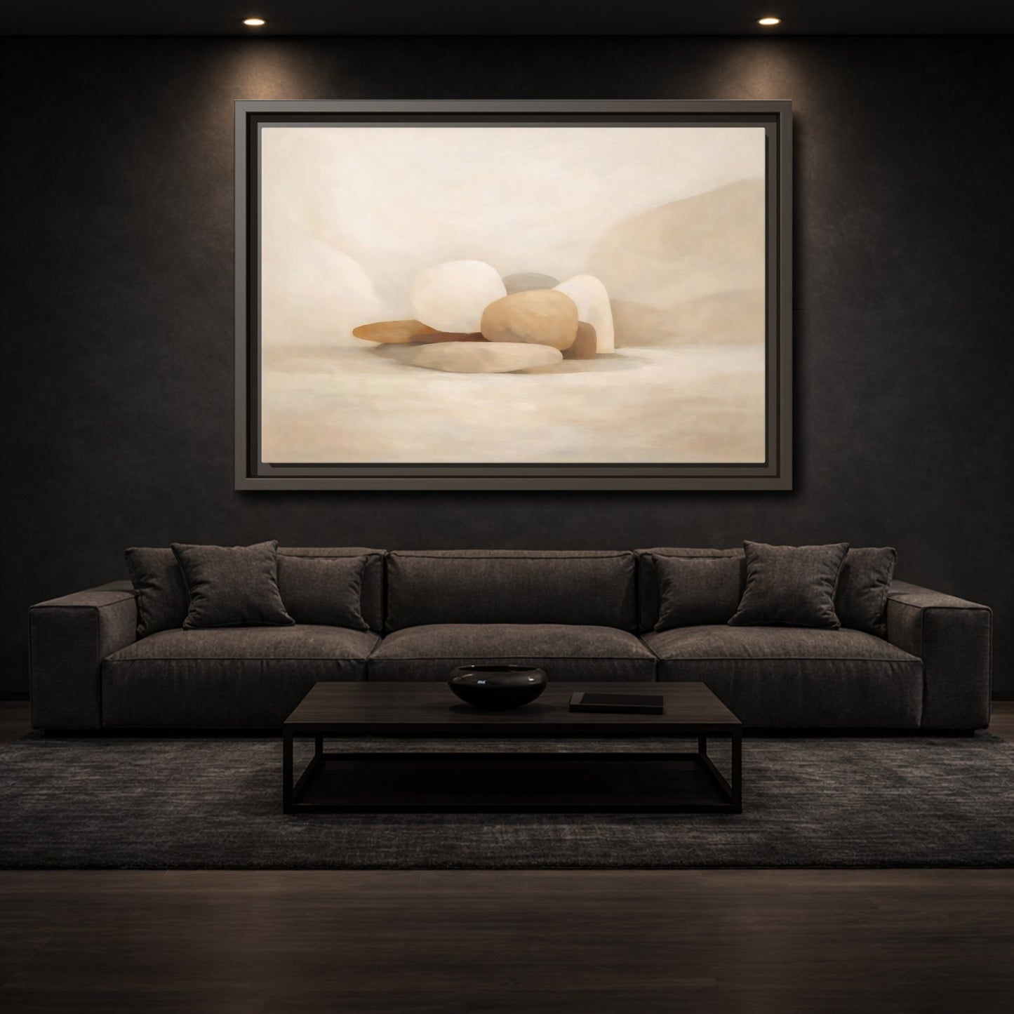 Mockup 2. Nature Stones Beige And White shown as stretched canvas wall art
