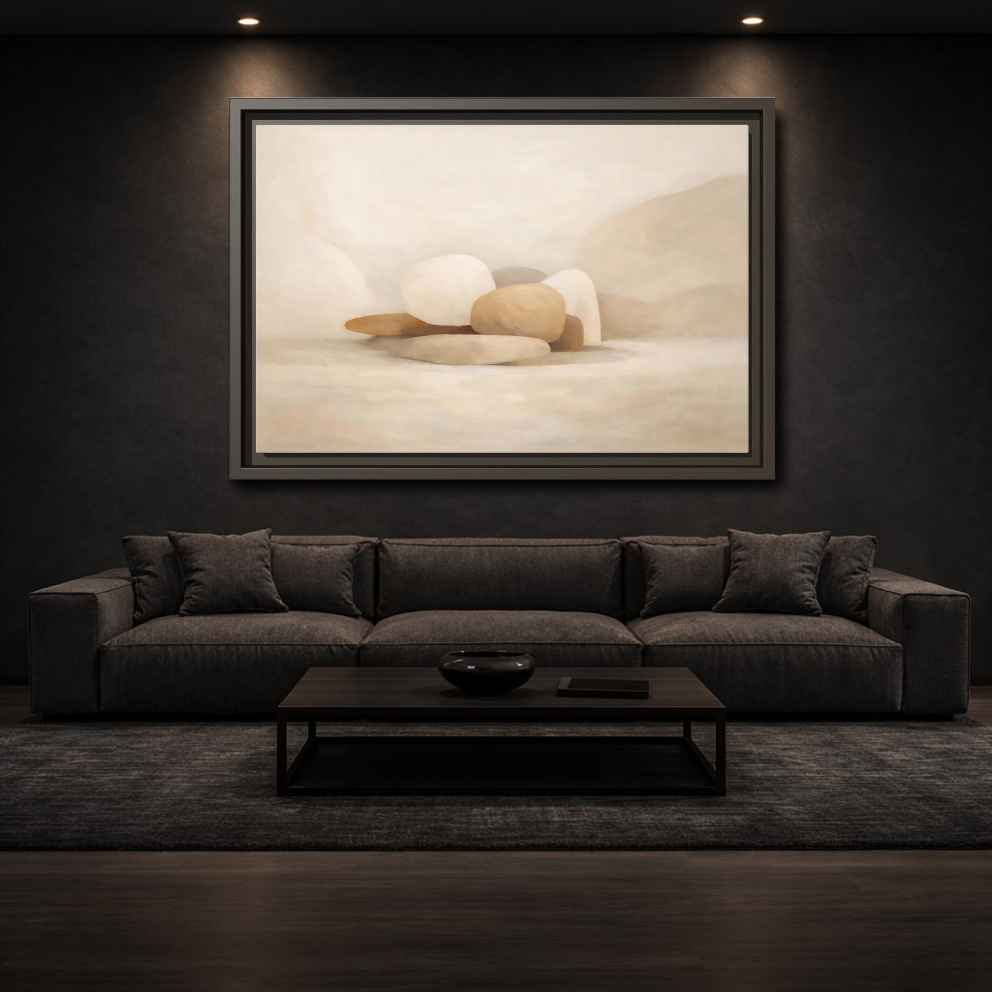 Mockup 2. Nature Stones Beige And White shown as stretched canvas wall art