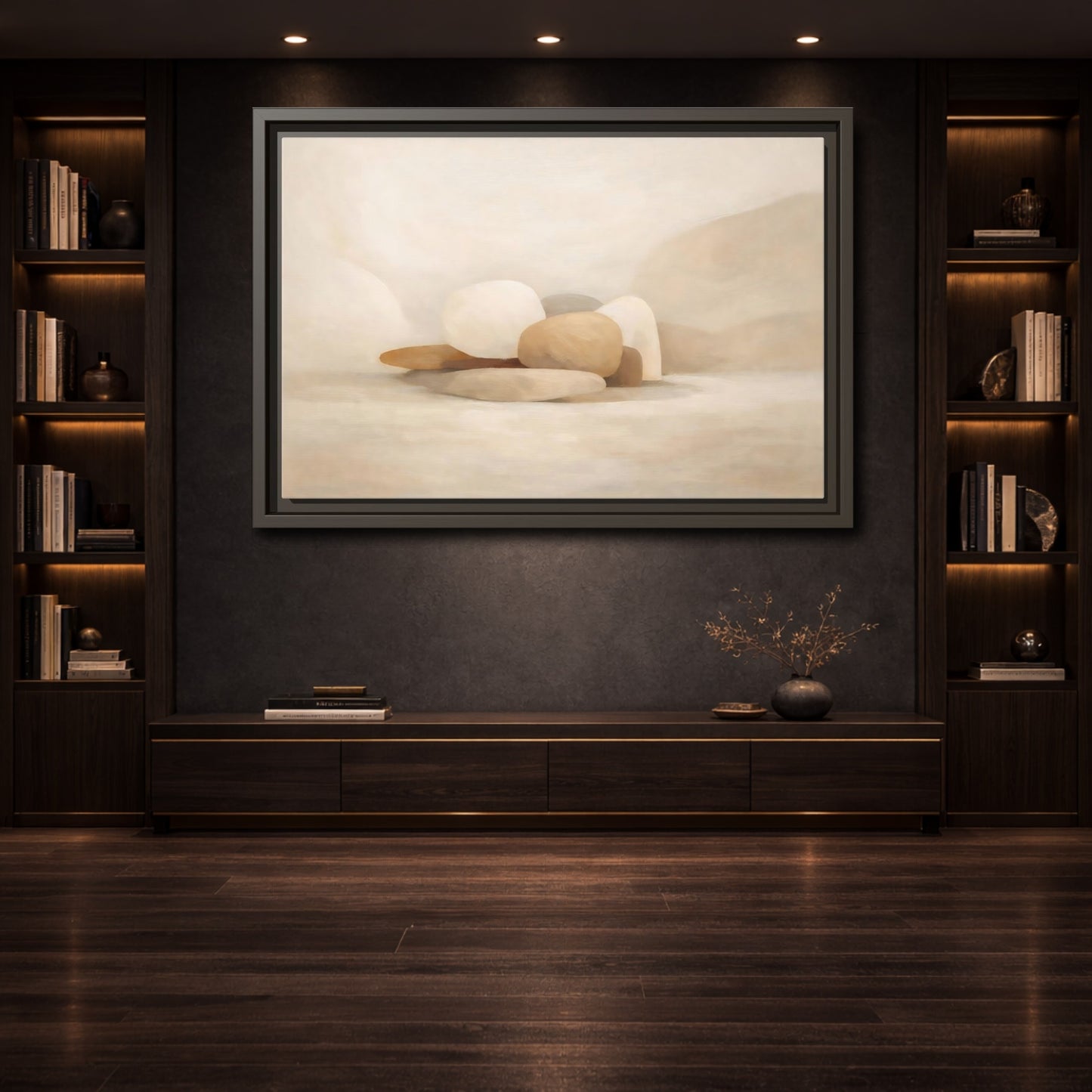 Mockup 3. Nature Stones Beige And White shown as stretched canvas wall art