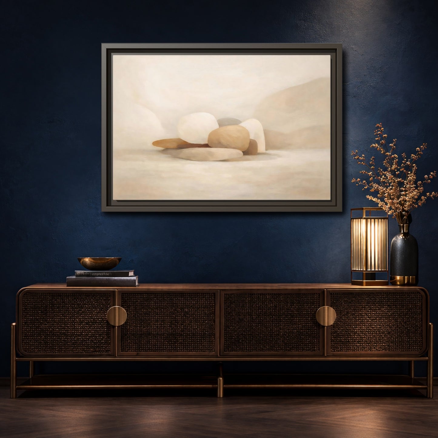 Mockup 4. Nature Stones Beige And White shown as stretched canvas wall art