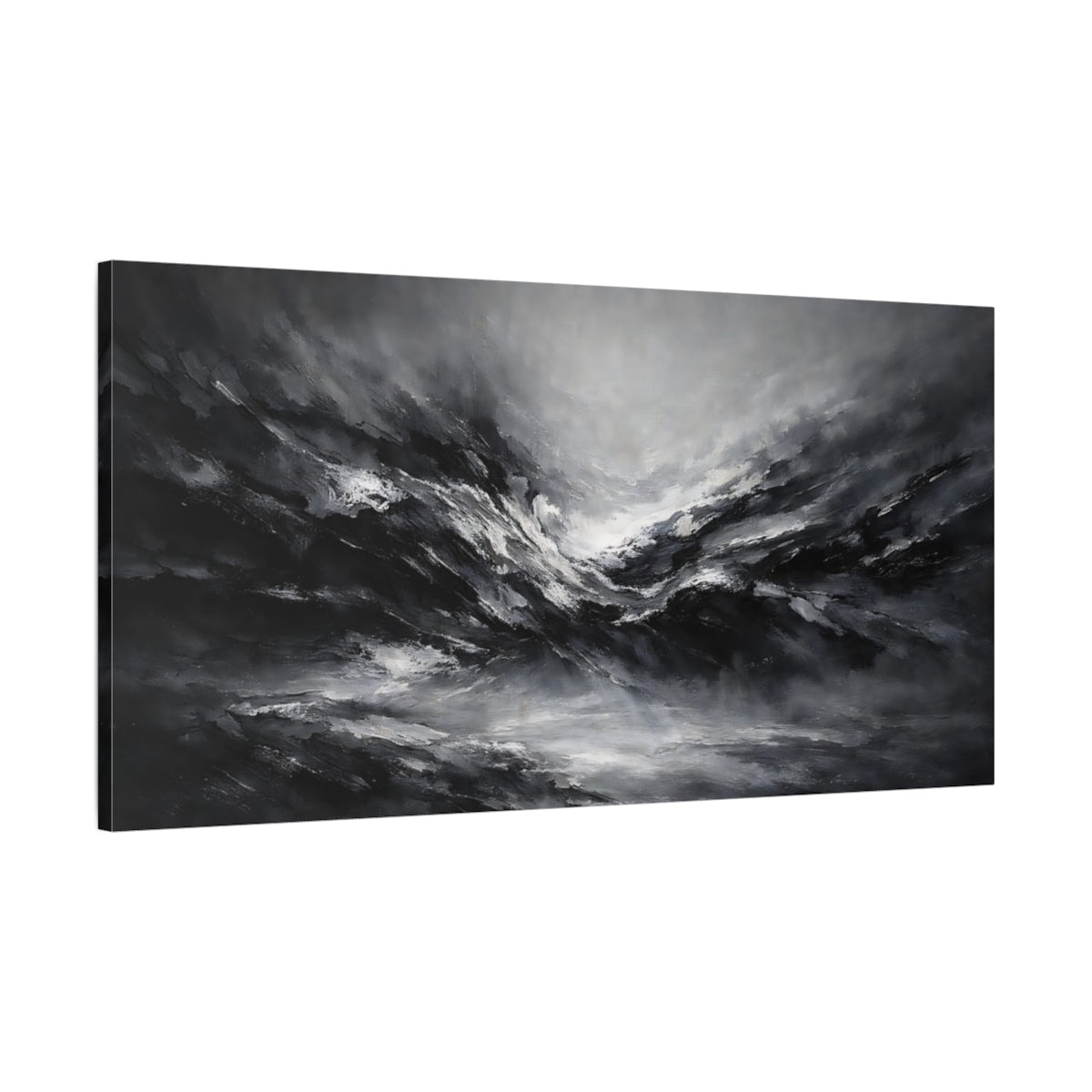 Side Mockup 1. Nature Stormy Landscape Monochrome Abstract shown as stretched canvas wall art