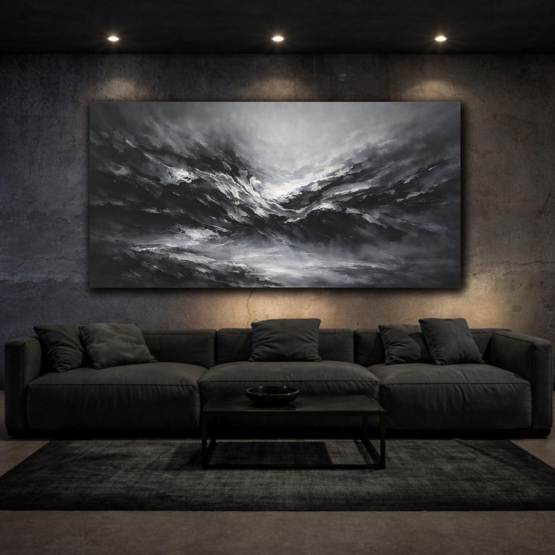 Mockup 2. Nature Stormy Landscape Monochrome Abstract shown as stretched canvas wall art