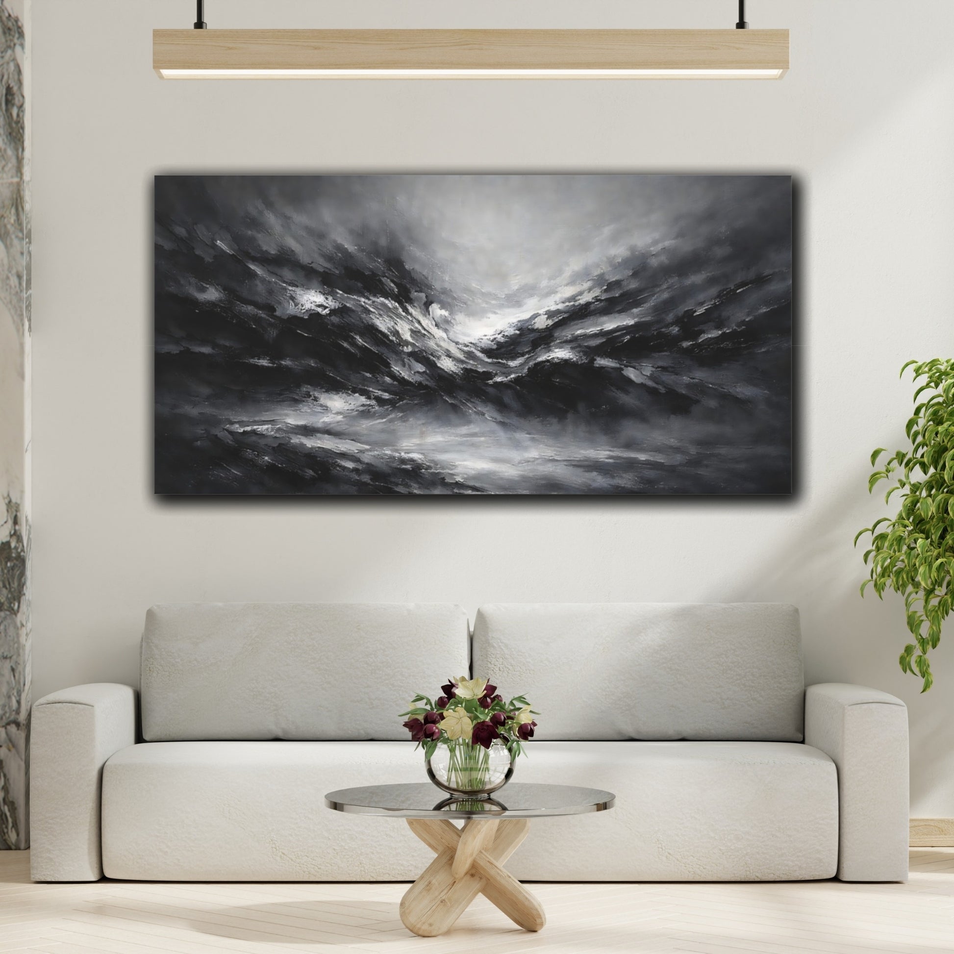 Mockup 3. Nature Stormy Landscape Monochrome Abstract shown as stretched canvas wall art