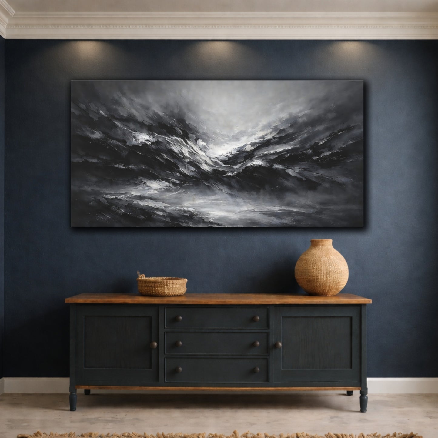 Mockup 4. Nature Stormy Landscape Monochrome Abstract shown as stretched canvas wall art