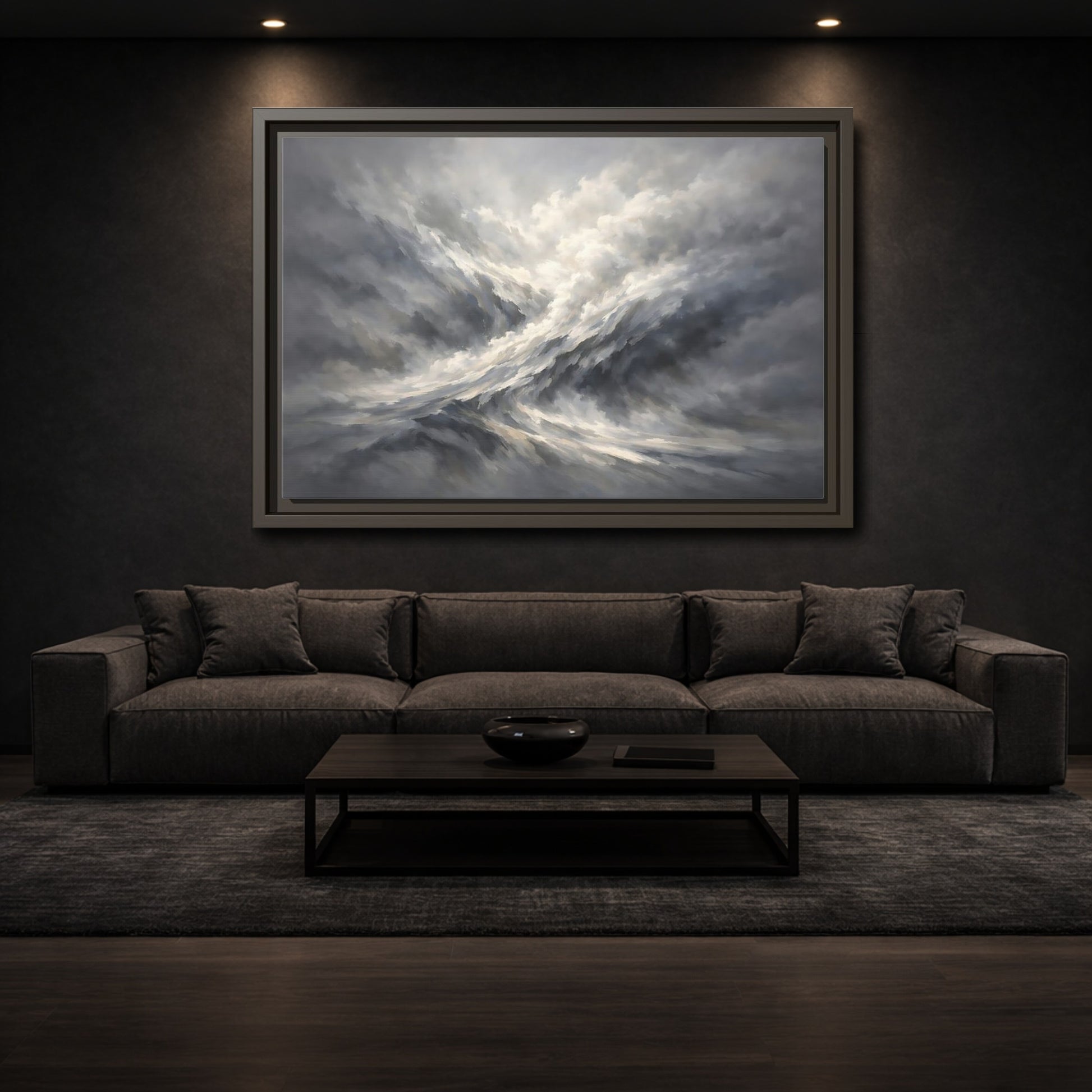Mockup 2. Nature Stormy Sky Grayscale Abstract shown as stretched canvas wall art
