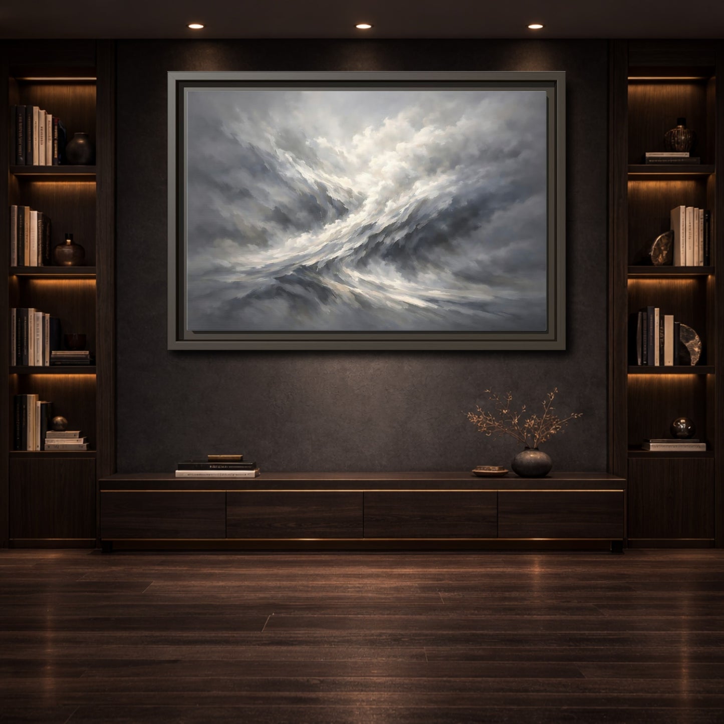 Mockup 3. Nature Stormy Sky Grayscale Abstract shown as stretched canvas wall art